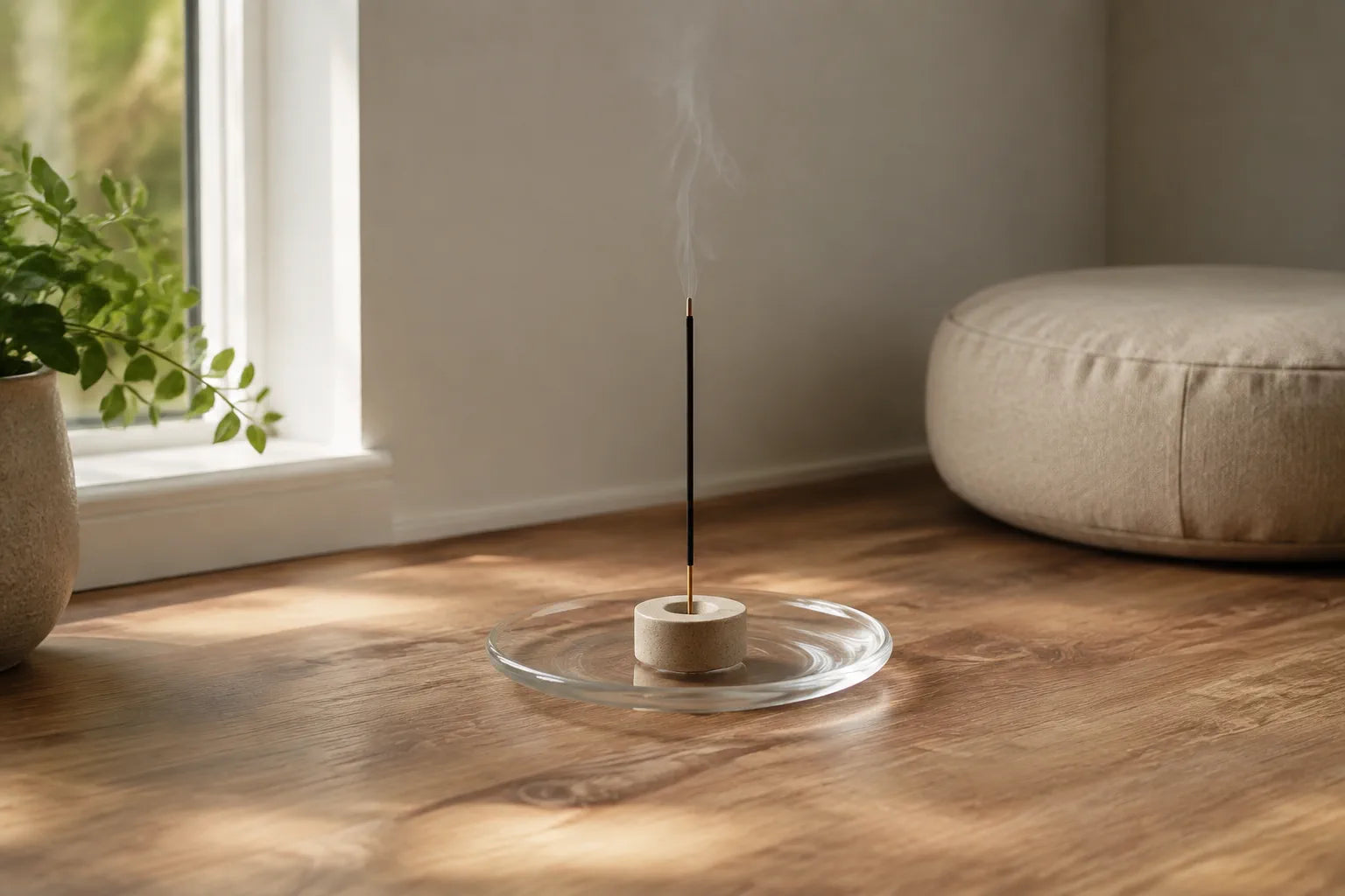 A quiet meditation corner with one incense stick in a stable holder beside a cushion, with soft natural light and restrained smoke.