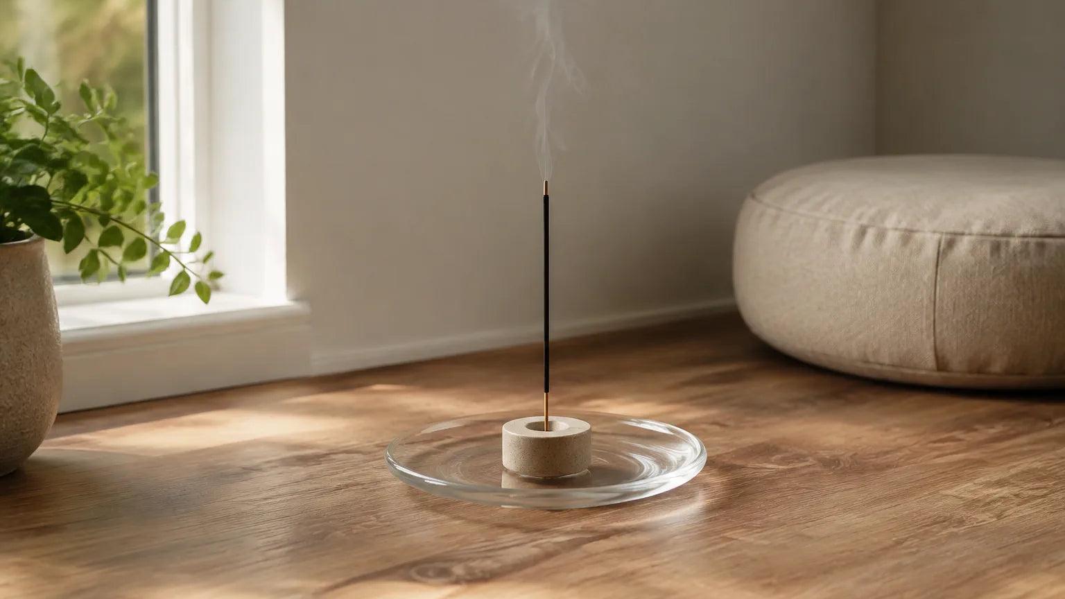 A quiet meditation corner with one incense stick in a stable holder beside a cushion, with soft natural light and restrained smoke.