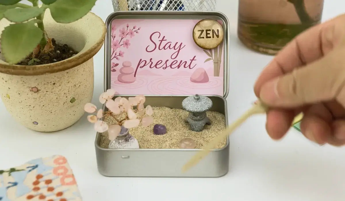 How It Works — A miniature zen garden with messages to promote mindfulness and inner calm.