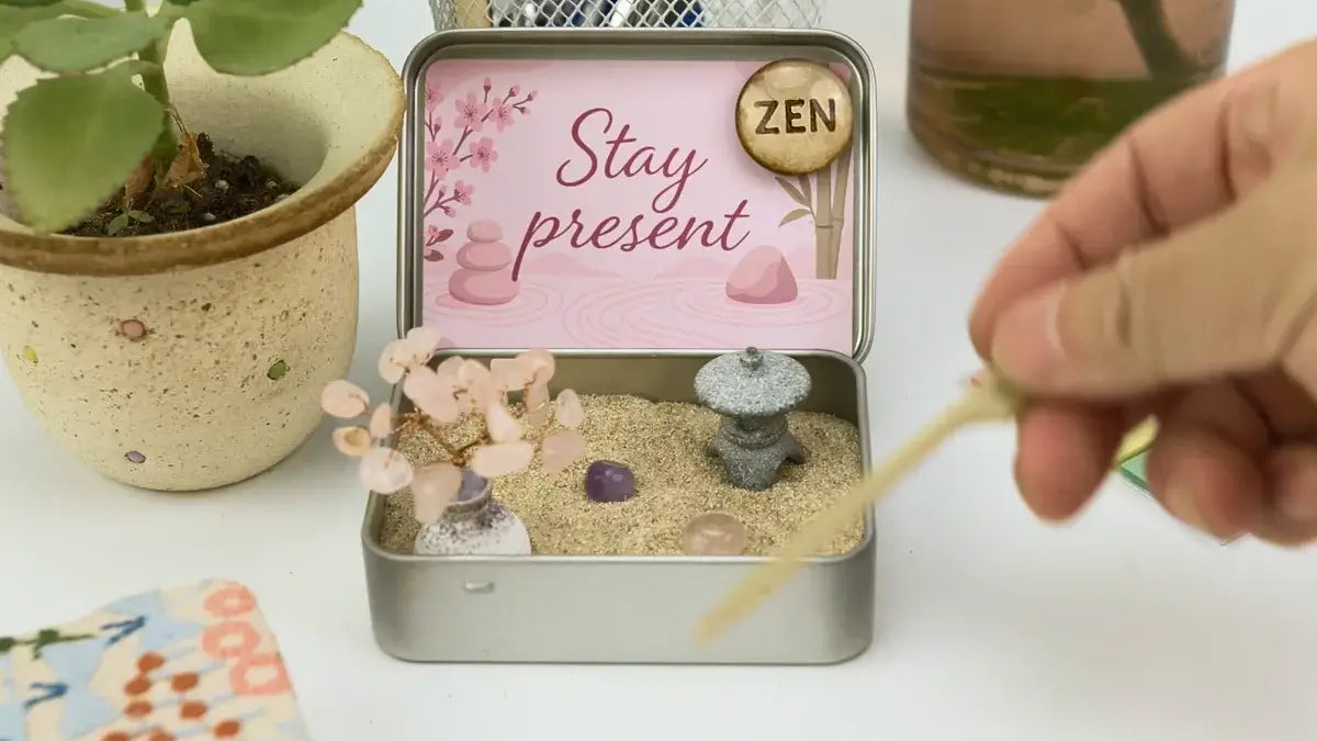 How It Works — A miniature zen garden with messages to promote mindfulness and inner calm.