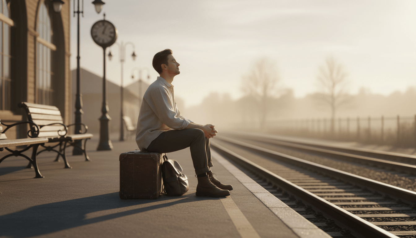 A traveler practicing mindfulness while waiting at a train station, embodying Zen on the Road for a peaceful journey.