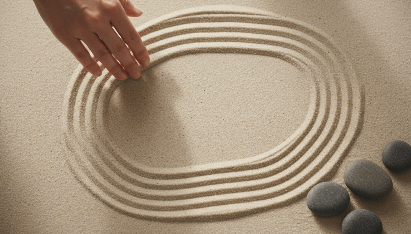 The Meaning of Small Rituals: Hand creating patterns in sand with stones, symbolizing tranquility and peace.