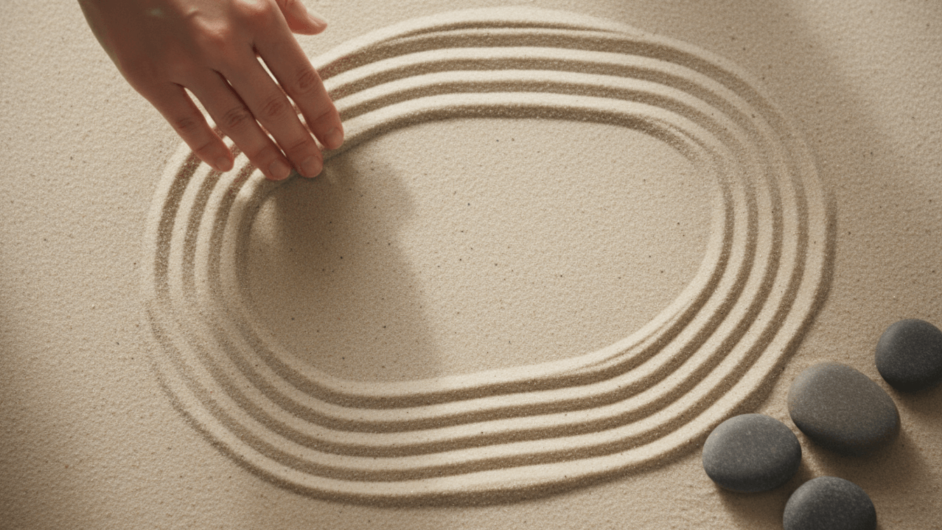 The Meaning of Small Rituals: Hand creating patterns in sand with stones, symbolizing tranquility and peace.