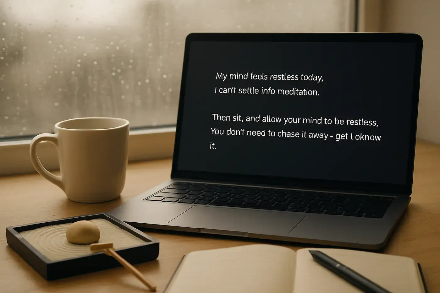 Practicing Mindfulness with ChatGPT-5 on a laptop next to a coffee cup and a zen garden.