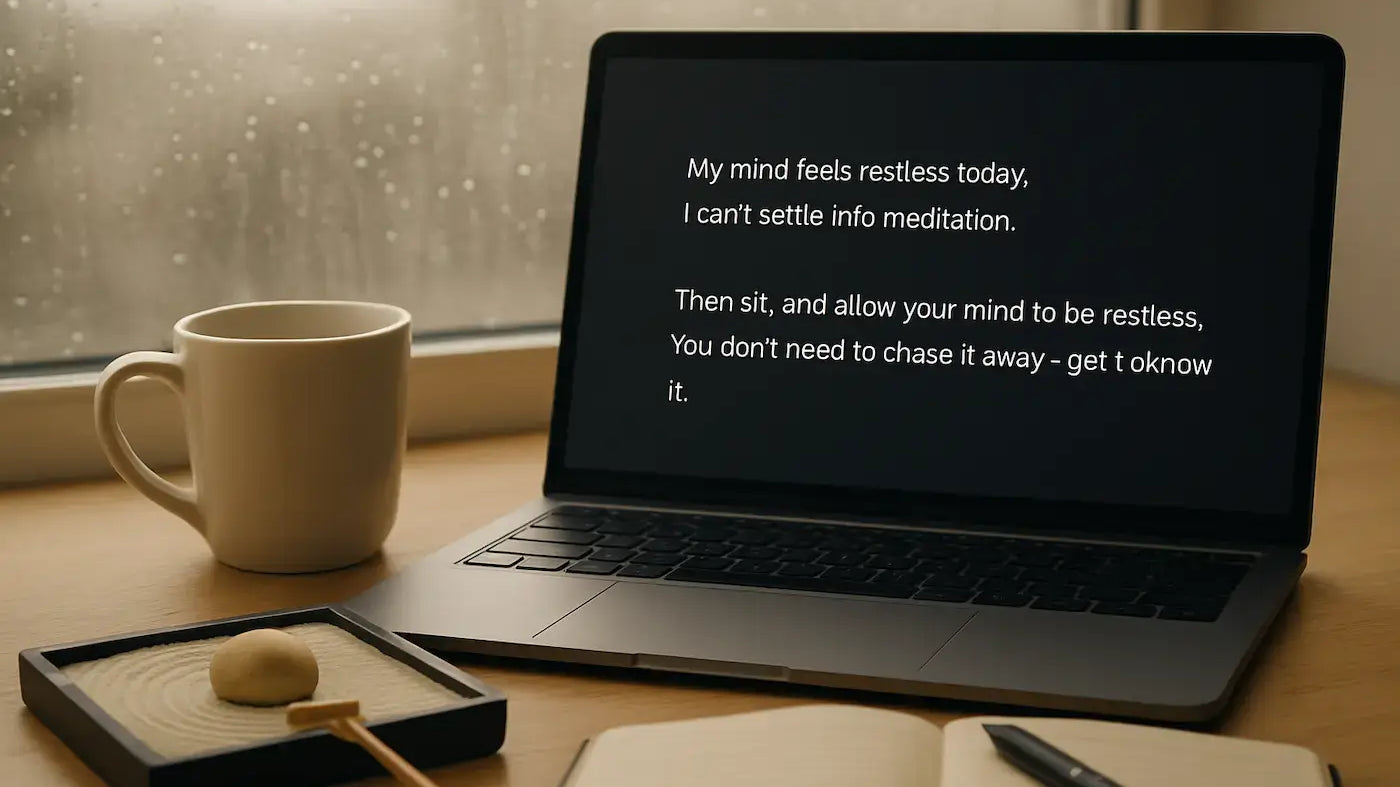 Practicing Mindfulness with ChatGPT-5 on a laptop next to a coffee cup and a zen garden.