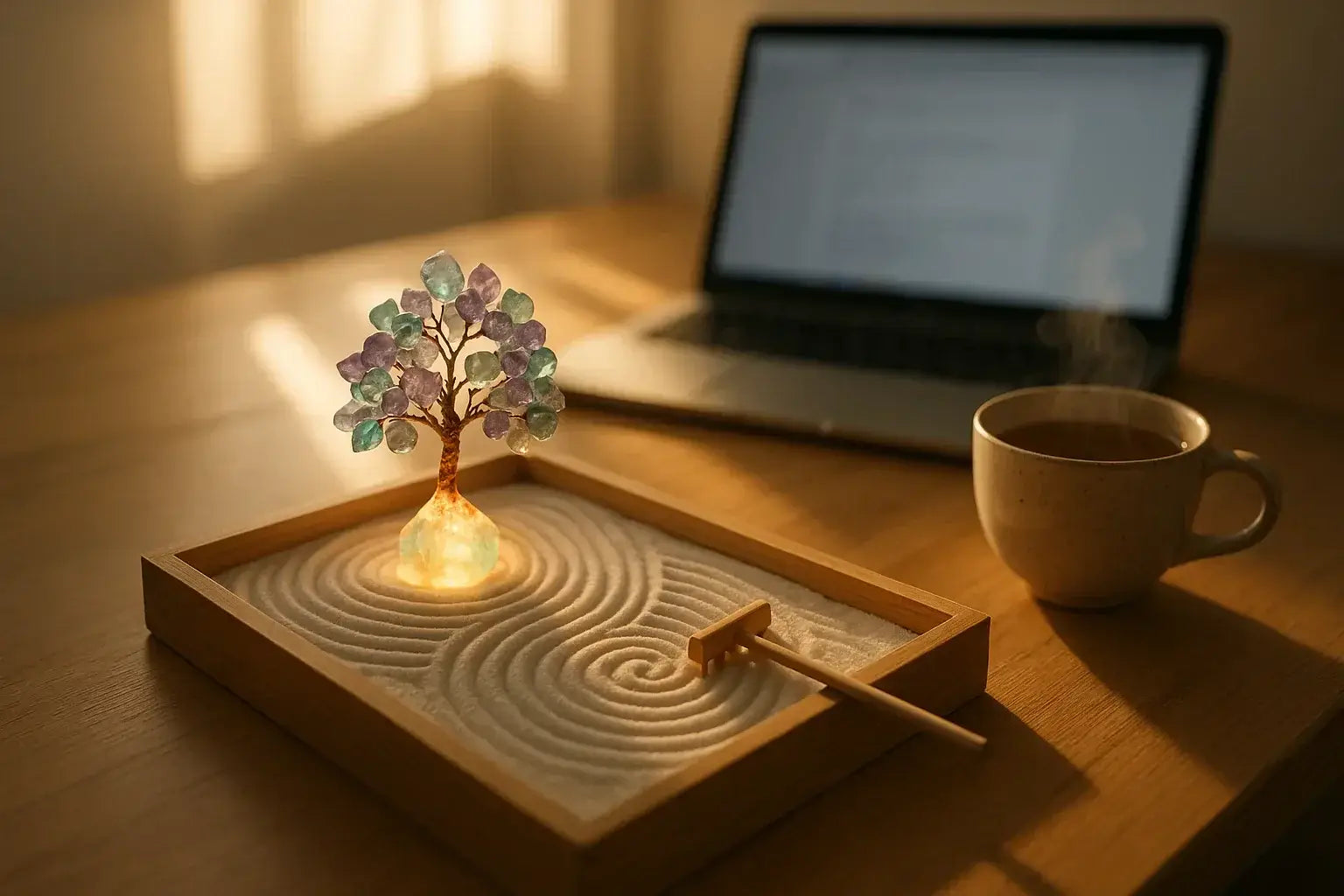 Meditation for the Modern Mind with a lit tree and cup of coffee, creating a serene workspace atmosphere.