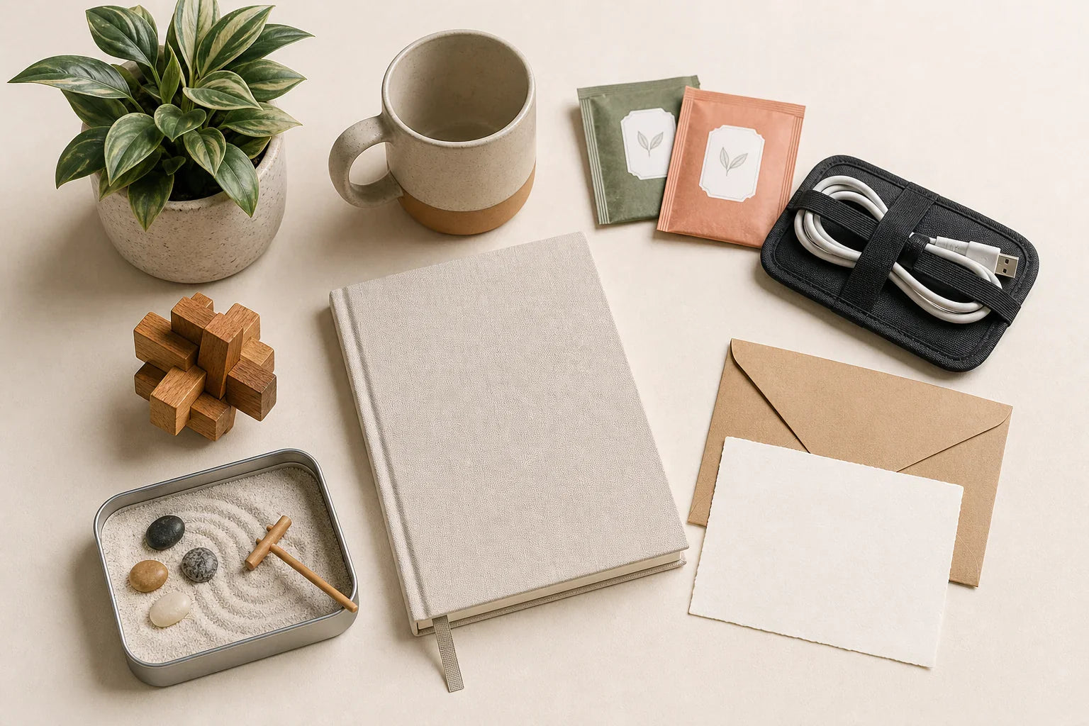 Thoughtful coworker desk gift ideas including a notebook, mug, plant, tea, cable organizer, puzzle, note card, and miniature sand garden