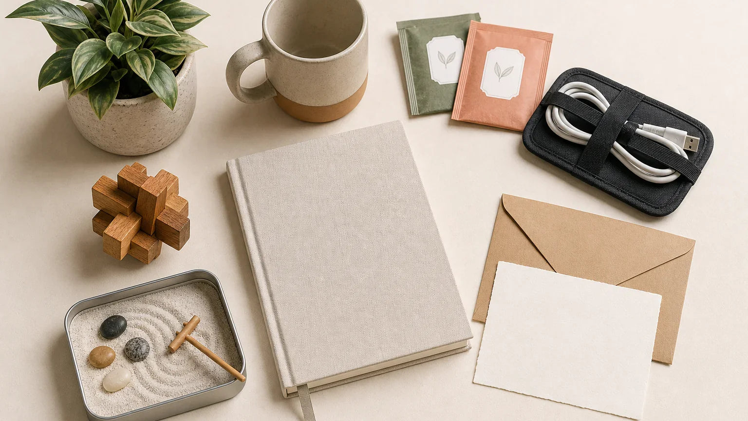 Thoughtful coworker desk gift ideas including a notebook, mug, plant, tea, cable organizer, puzzle, note card, and miniature sand garden