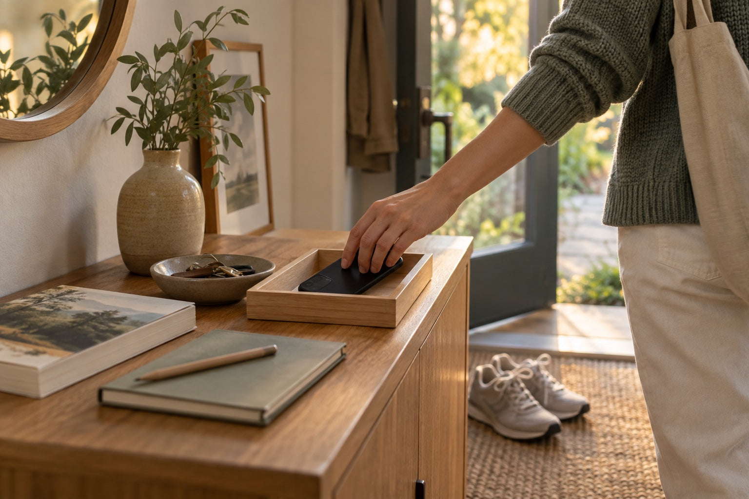 A person placing a phone face-down in a wooden tray before a screen-free evening walk