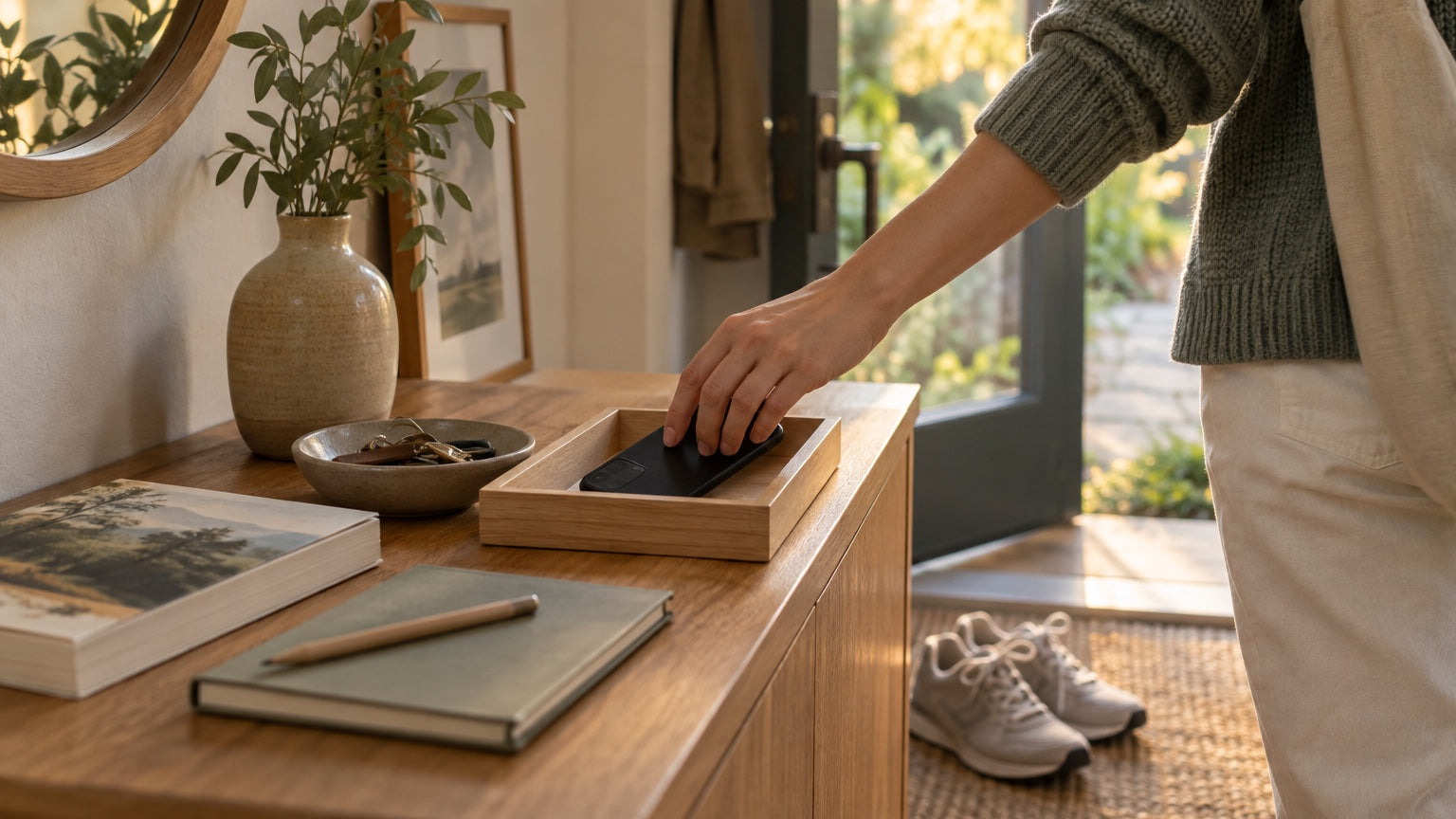 A person placing a phone face-down in a wooden tray before a screen-free evening walk