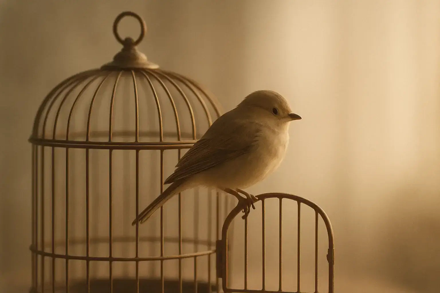 A bird sitting on the edge of an open birdcage, symbolizing the theme of How to Free Yourself.