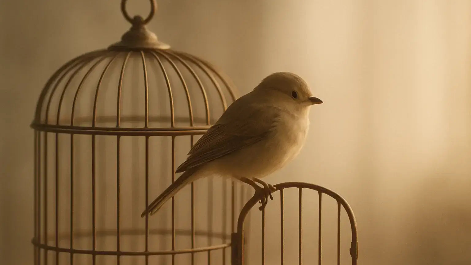 A bird sitting on the edge of an open birdcage, symbolizing the theme of How to Free Yourself.