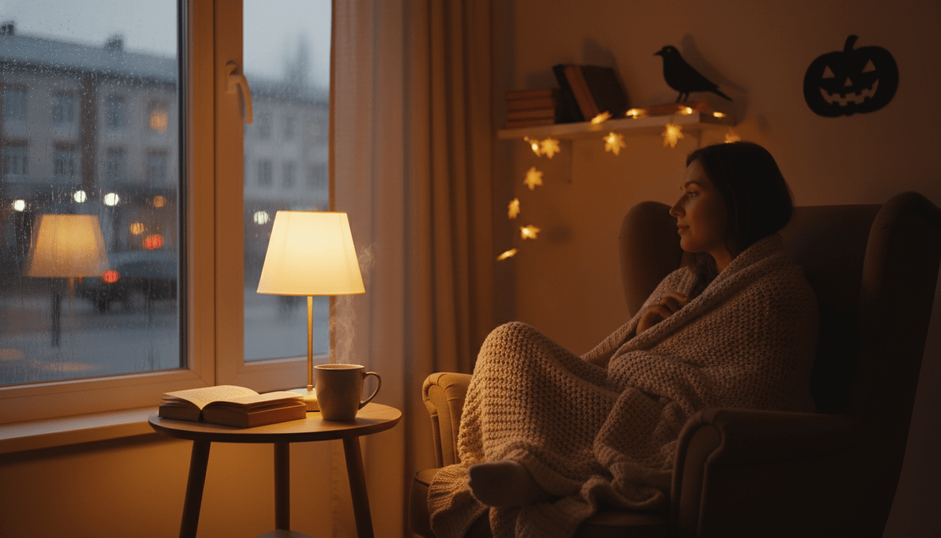 Finding Calm in the Chaos – a cozy evening scene with a woman wrapped in a blanket by a window.