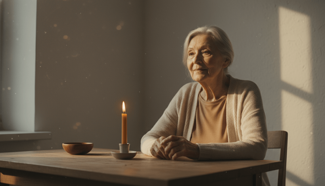 Discover Buddha’s Quiet Flame: An elderly woman meditating peacefully by a candlelit table.