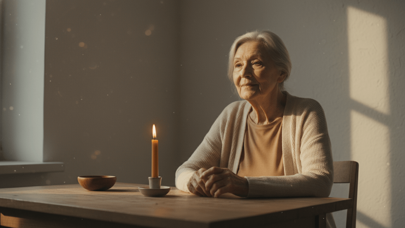 Discover Buddha’s Quiet Flame: An elderly woman meditating peacefully by a candlelit table.