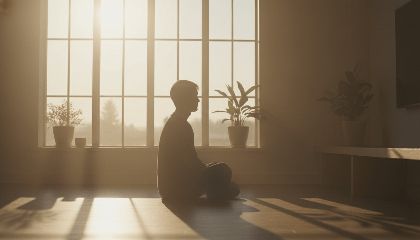 A Morning Meditation of Zen with a person sitting quietly in a sunlit room, surrounded by plants.