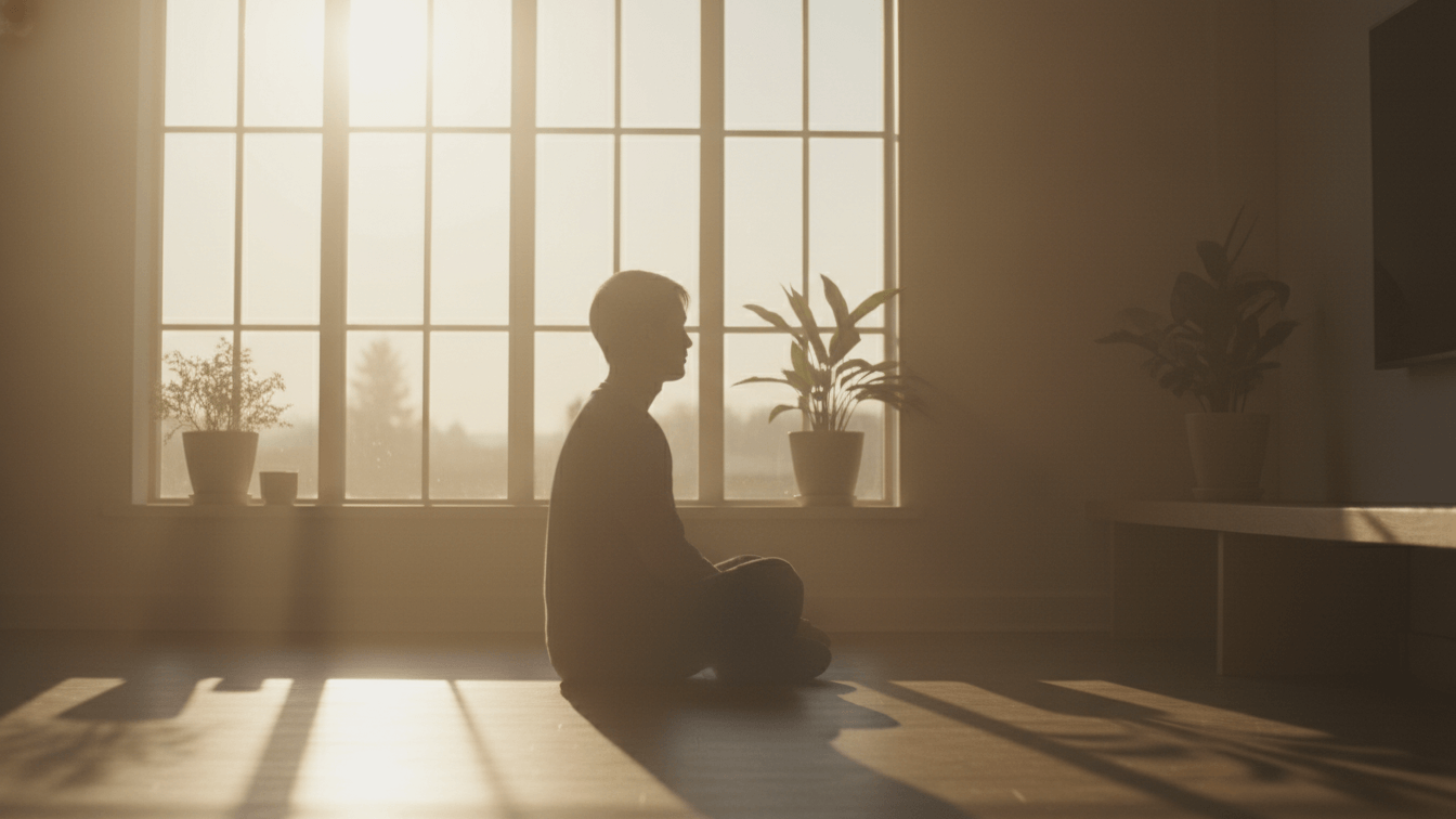 A Morning Meditation of Zen with a person sitting quietly in a sunlit room, surrounded by plants.