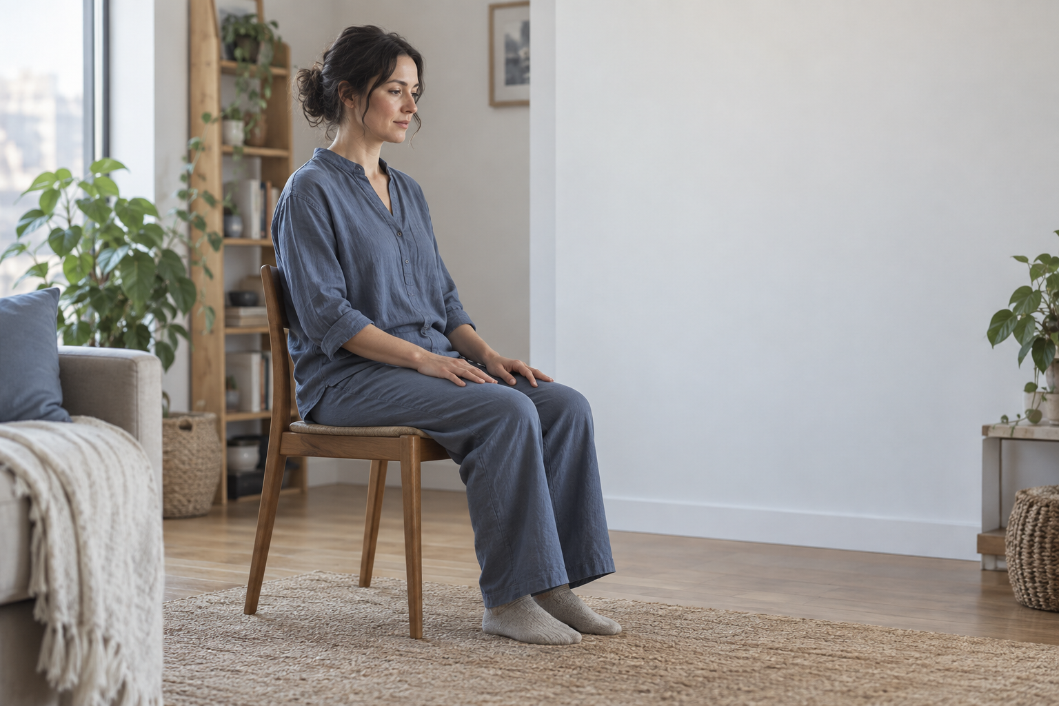 Woman seated on a chair with eyes gently open in an uncluttered room