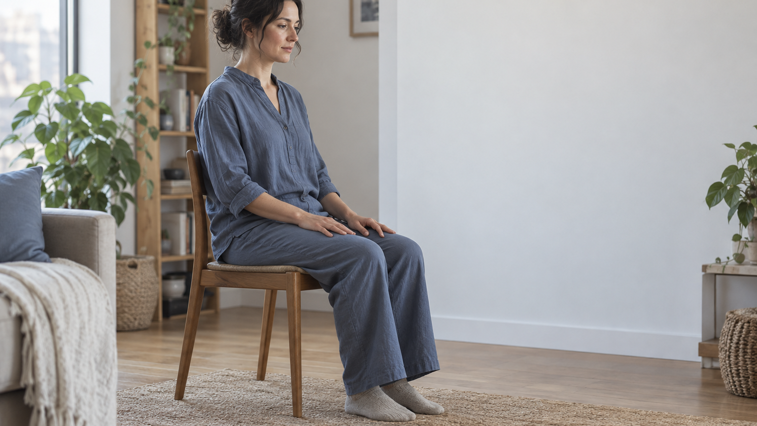 Woman seated on a chair with eyes gently open in an uncluttered room