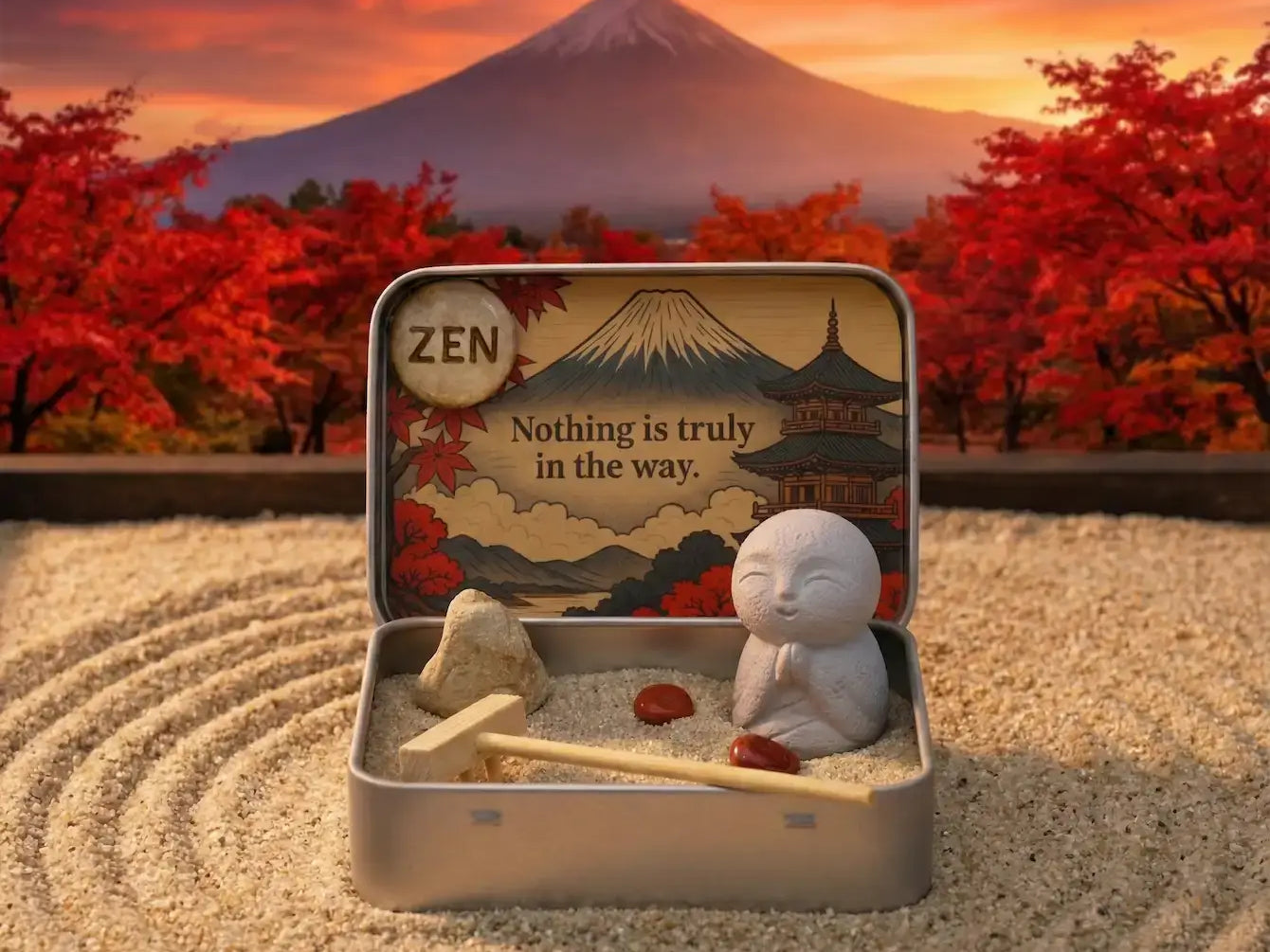 Zen-inspired desktop stress relief kit with a figurine, rocks, and an inspirational quote for A Complete Desk Stress Relief Guide for Remote Workers.