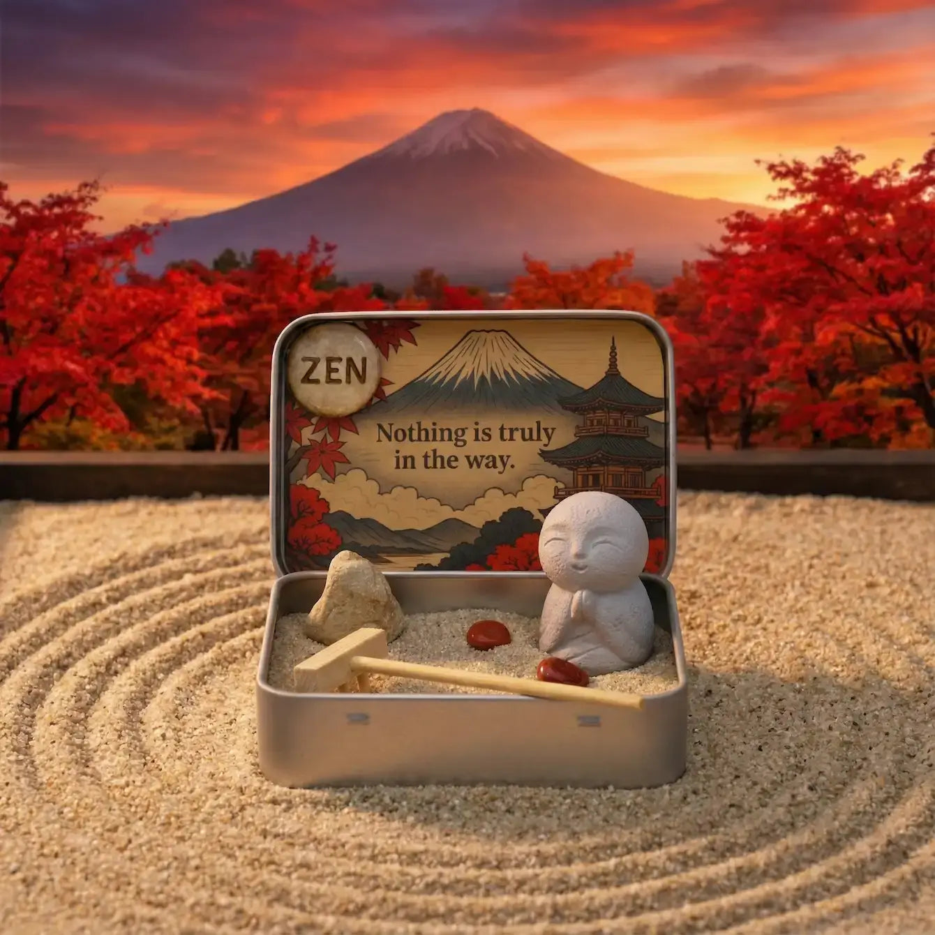 Zen-inspired desktop stress relief kit with a figurine, rocks, and an inspirational quote for A Complete Desk Stress Relief Guide for Remote Workers.