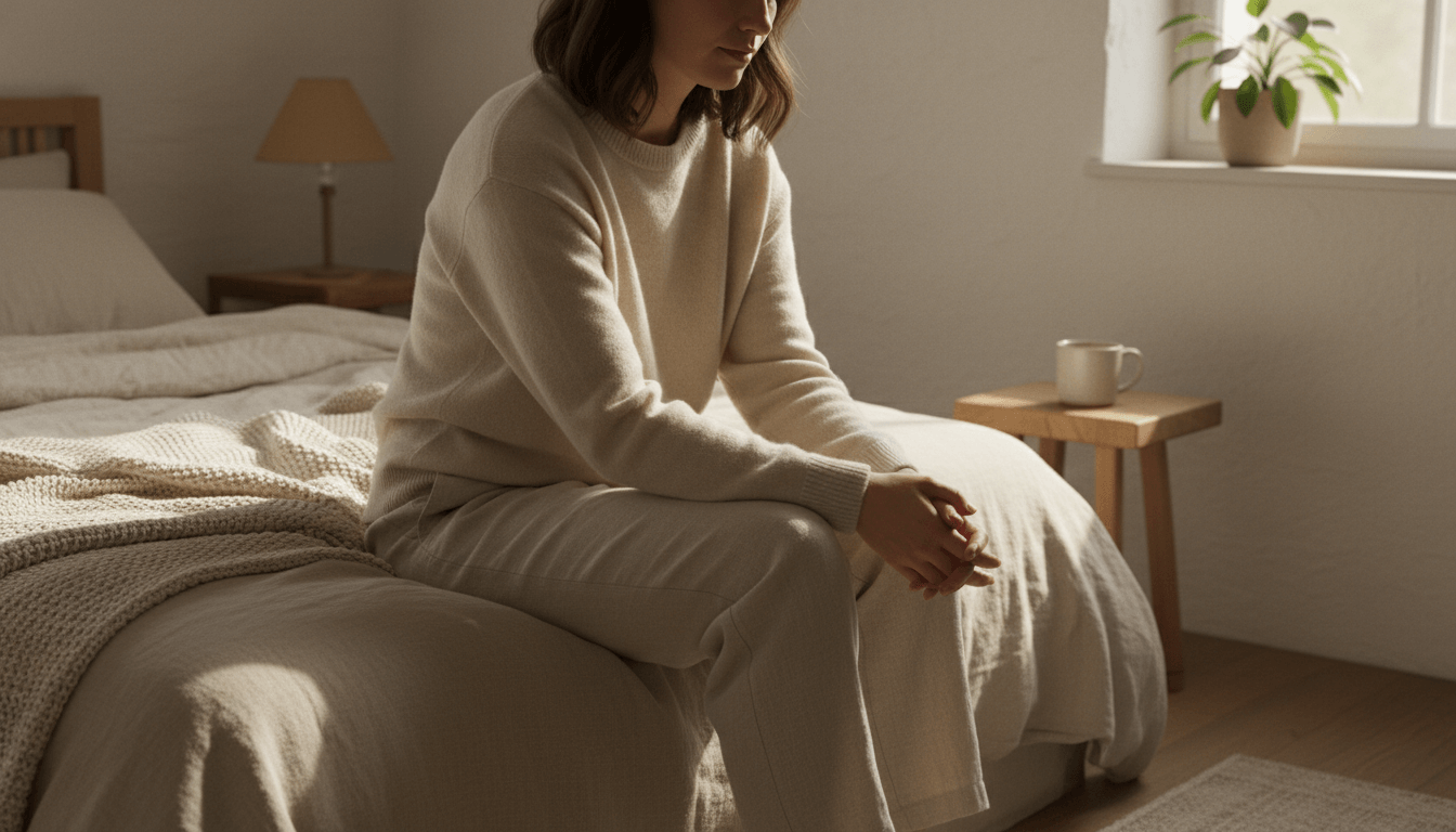 A person practicing A 10-Minute Meditation seated on a bed, embodying tranquility and self-reflection.