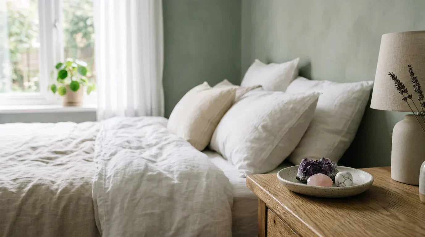 Best Crystals for Sleep in a serene bedroom setting with soft bedding and warm lighting.