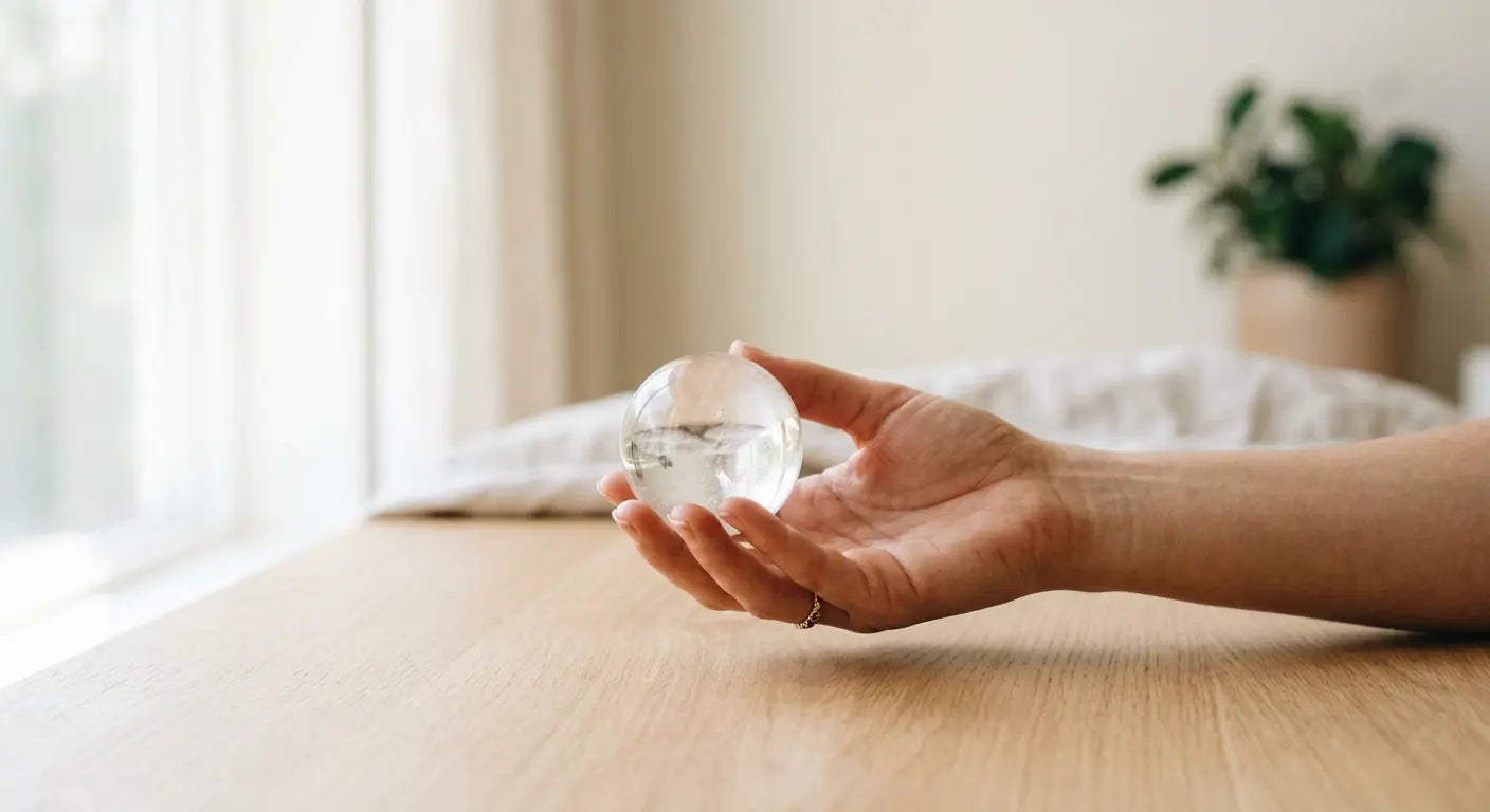 Person holding a clear crystal sphere, representing how healing crystals interact with the human energy field.