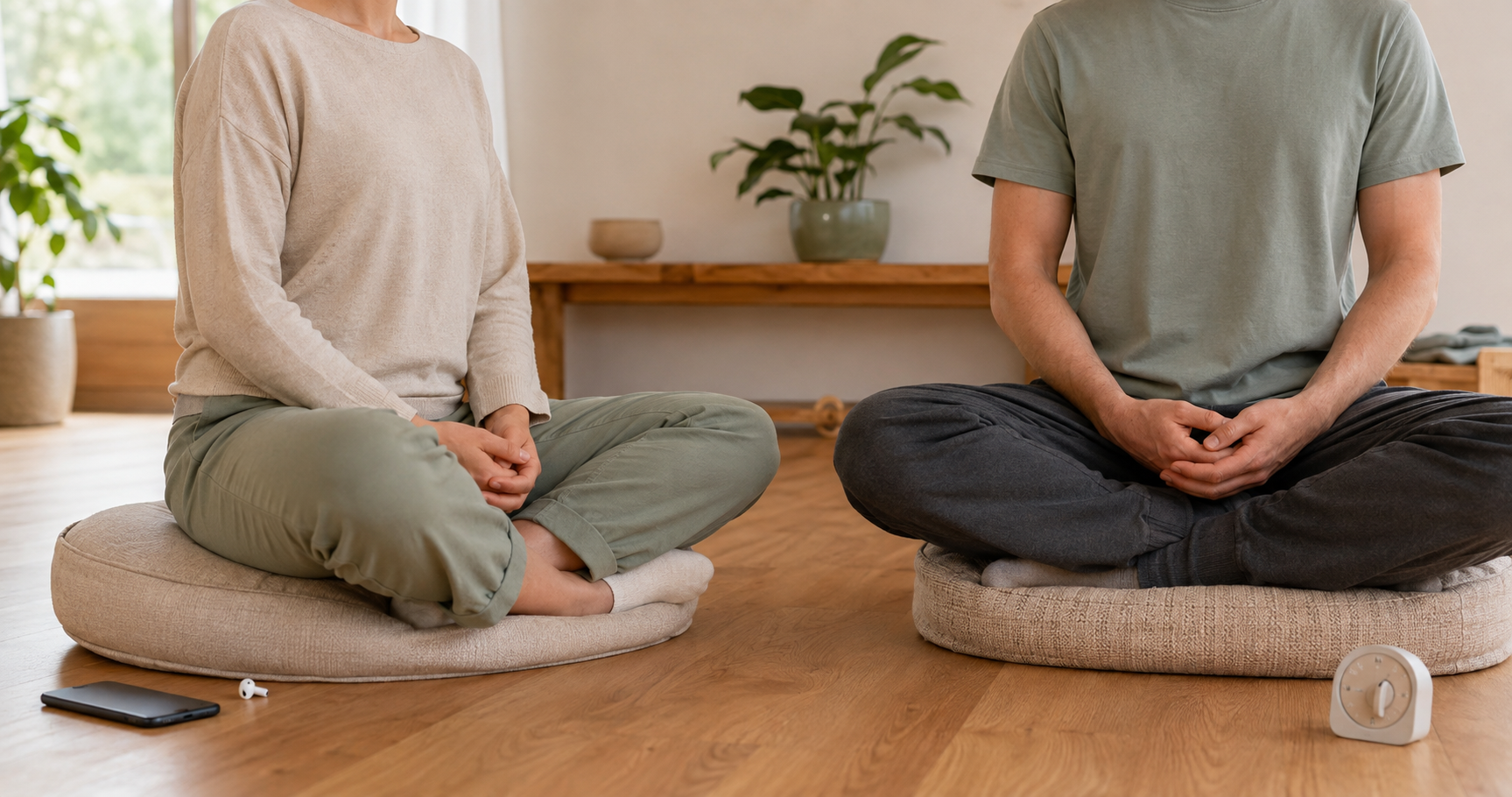 Two adults meditating side by side, one using an audio earbud and one using a simple timer