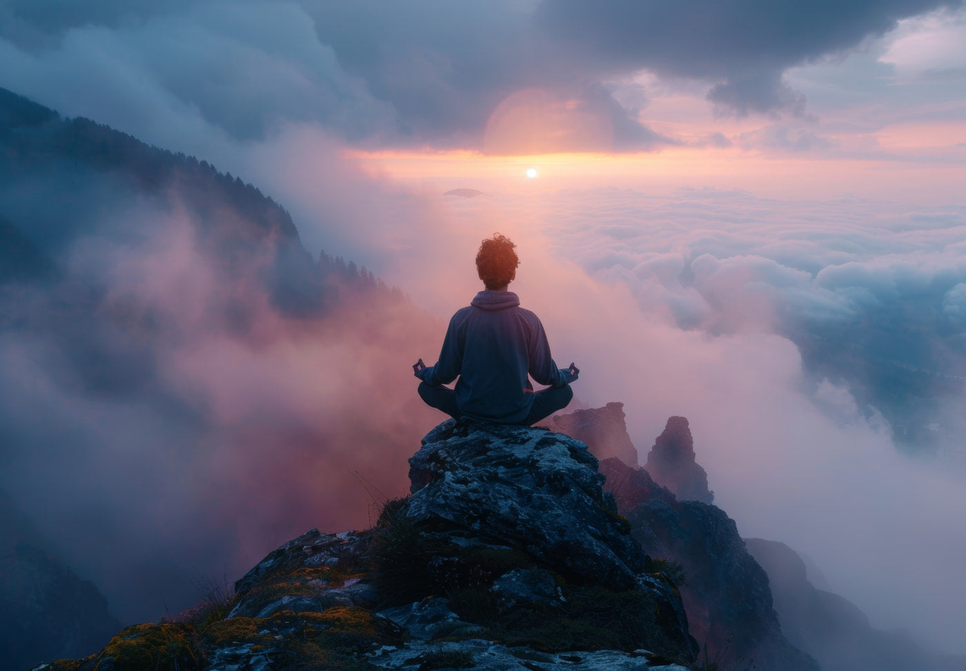 A person meditating on a cliff, embodying the themes of The Paradox of Being Present against a stunning sunset backdrop.