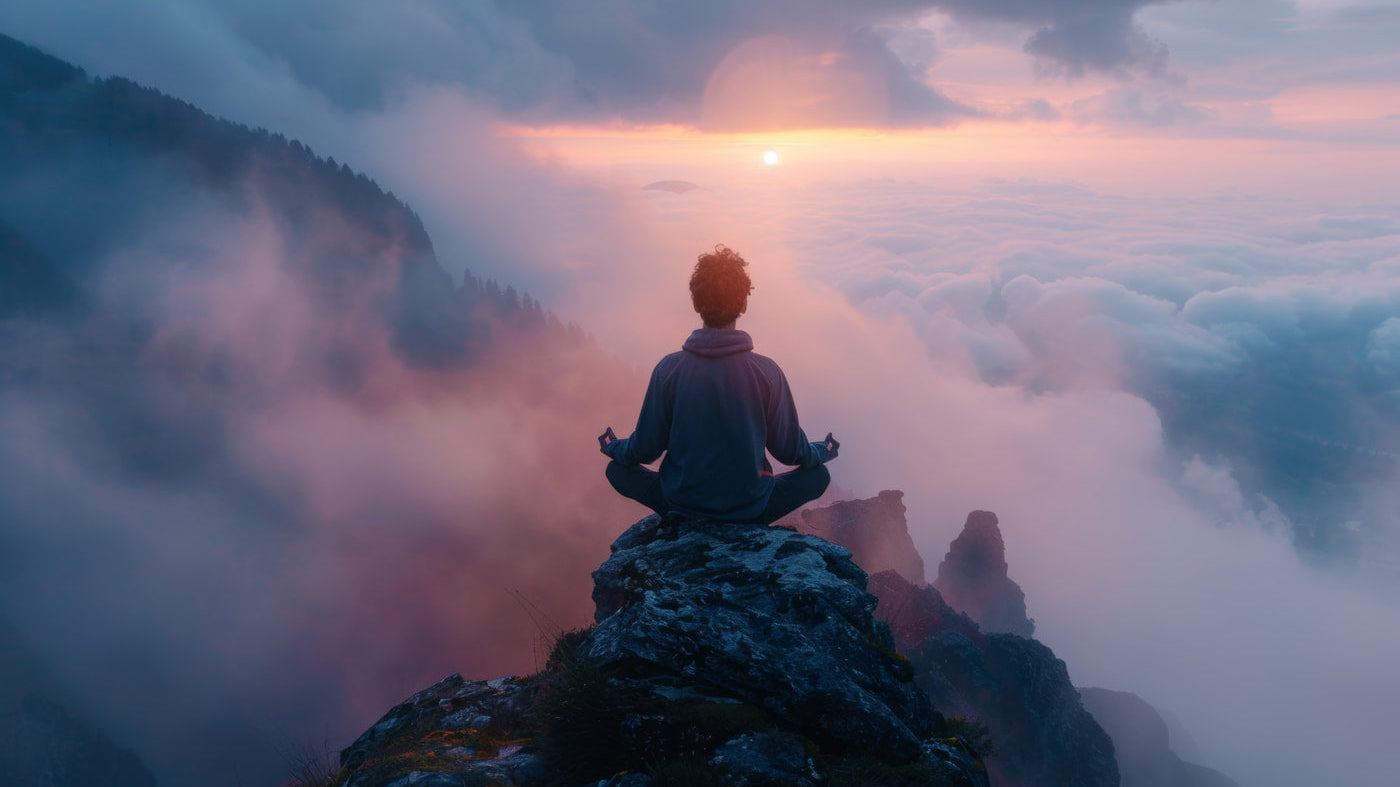 A person meditating on a cliff, embodying the themes of The Paradox of Being Present against a stunning sunset backdrop.