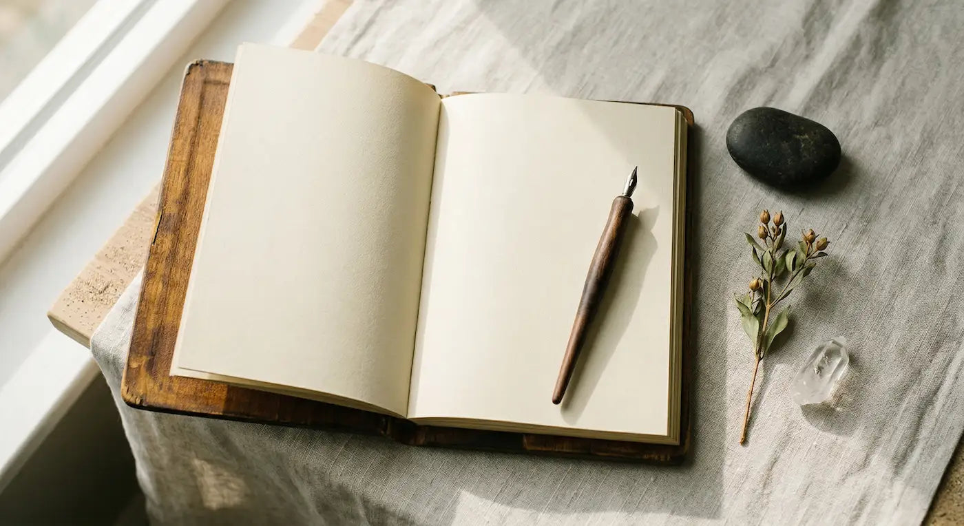 An open notebook with a fountain pen and decorative stones, symbolizing reflection on Ikigai and the Zen Path.