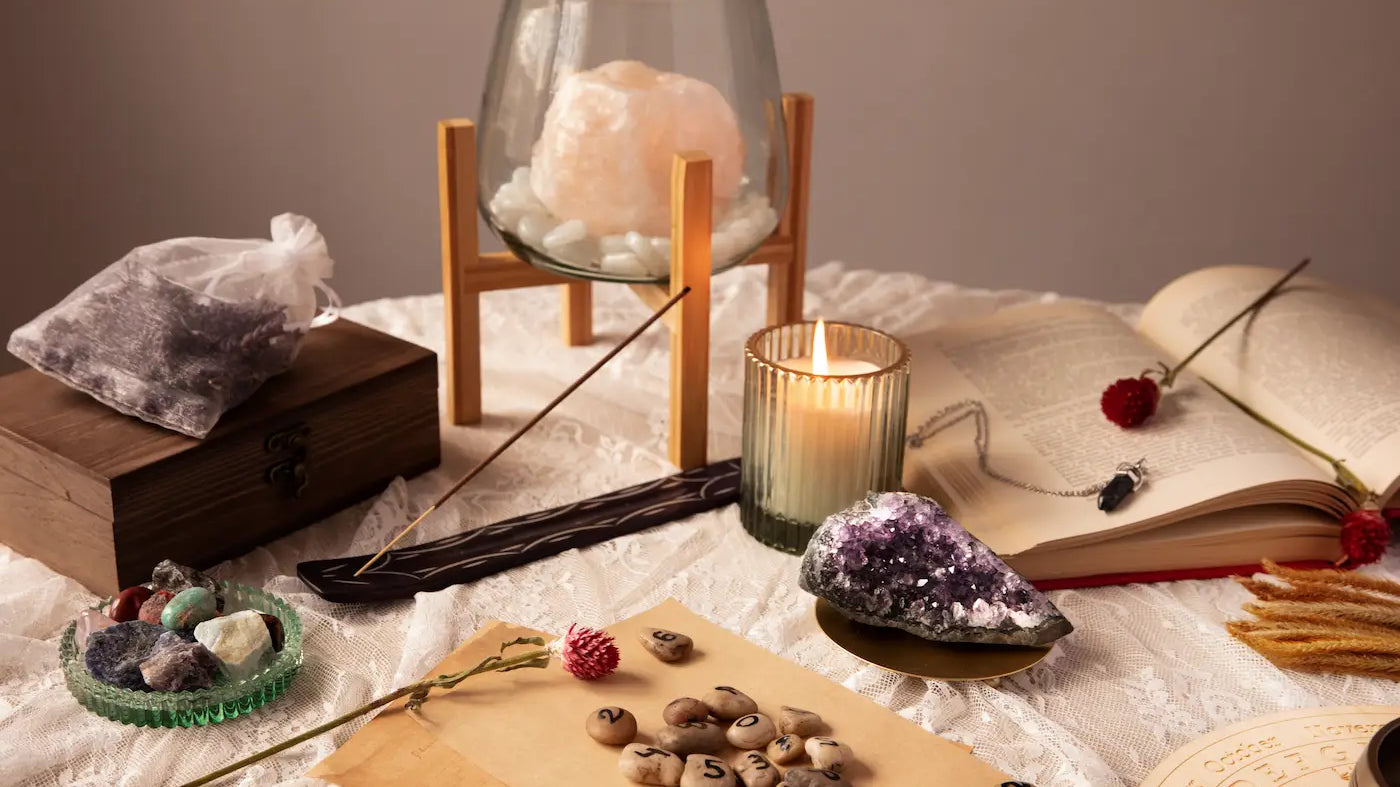 A candlelit arrangement of stones used as visual meditation attention anchors