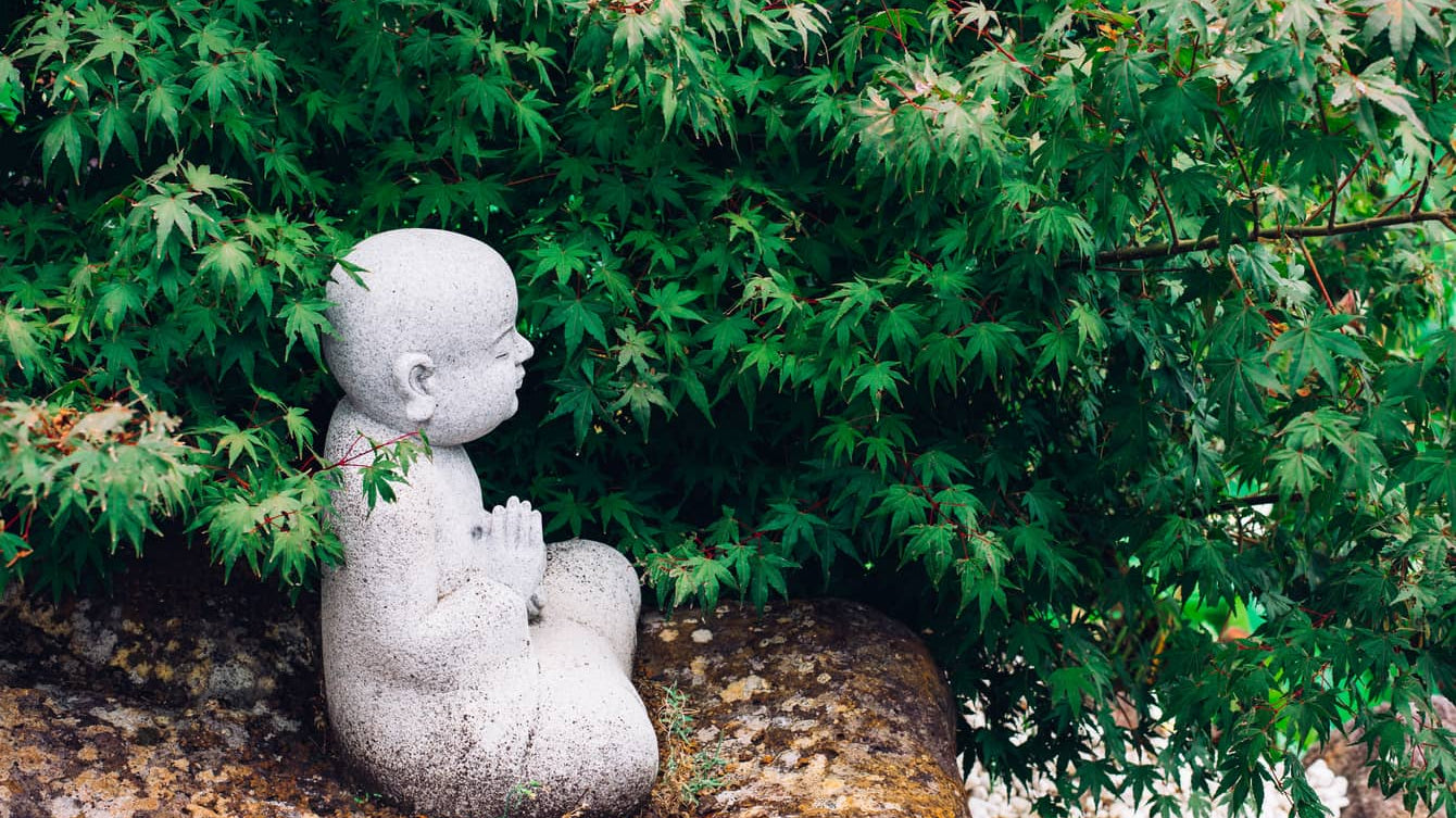 Statue of a child meditating among greenery, representing the essence of What Is Zen.