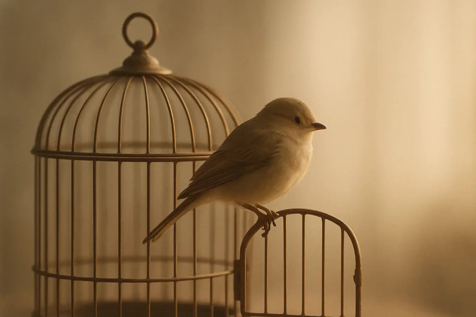 A bird sitting on the edge of an open birdcage, symbolizing the theme of How to Free Yourself.