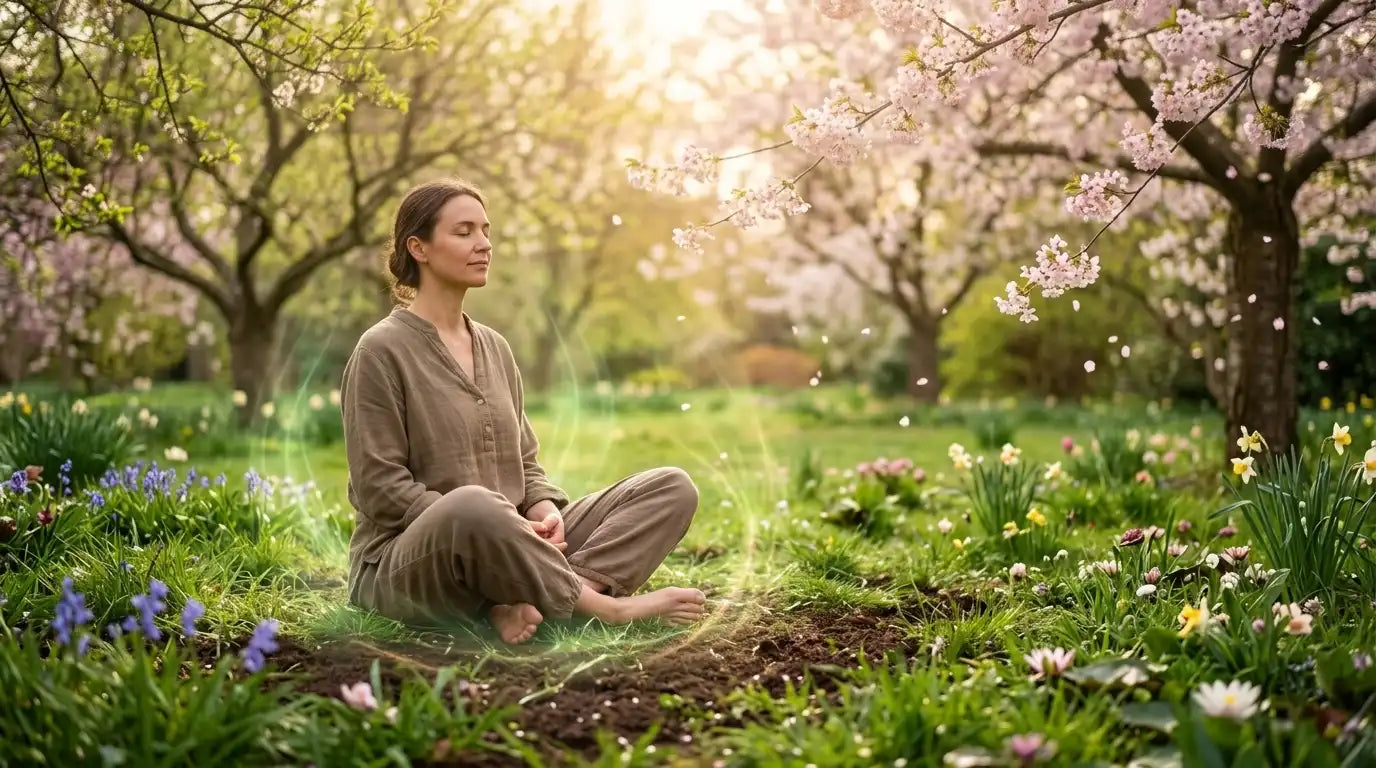 Woman practicing spring grounding meditation in a blooming garden, connecting with earth energy.