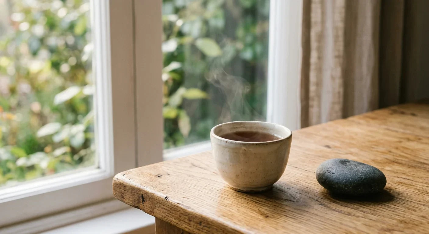 I Want to Start Practicing Mindfulness with a steaming cup and a smooth stone by the window.