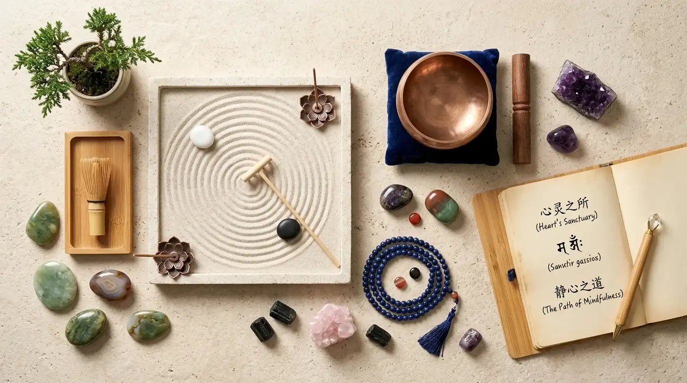 Best Meditation and Mindfulness Tools displayed on a table with a sand garden, stones, and a meditation book.