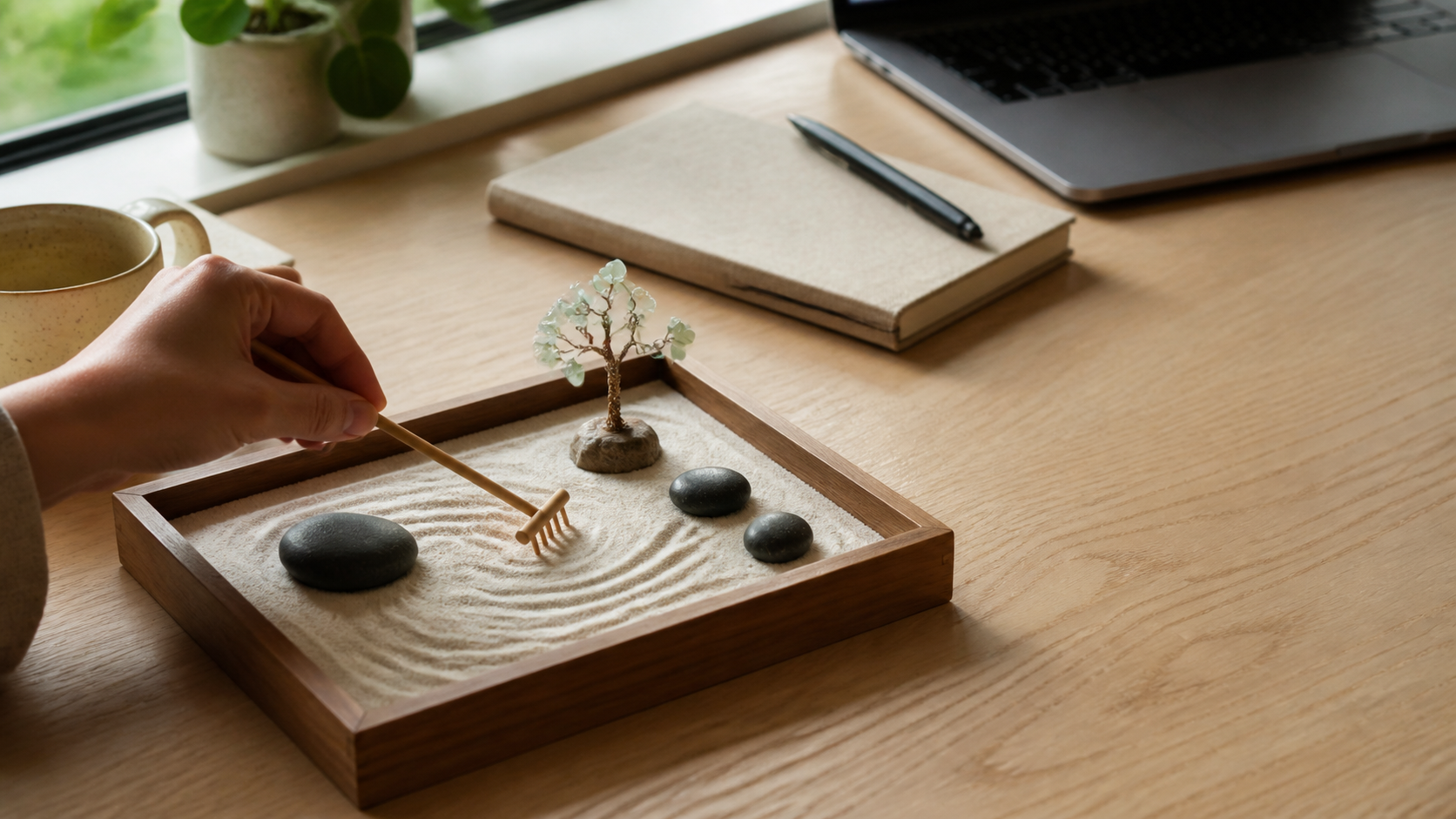 Realistic desktop zen garden kit with sand, stones, bamboo rake, and crystal tree on a home office desk