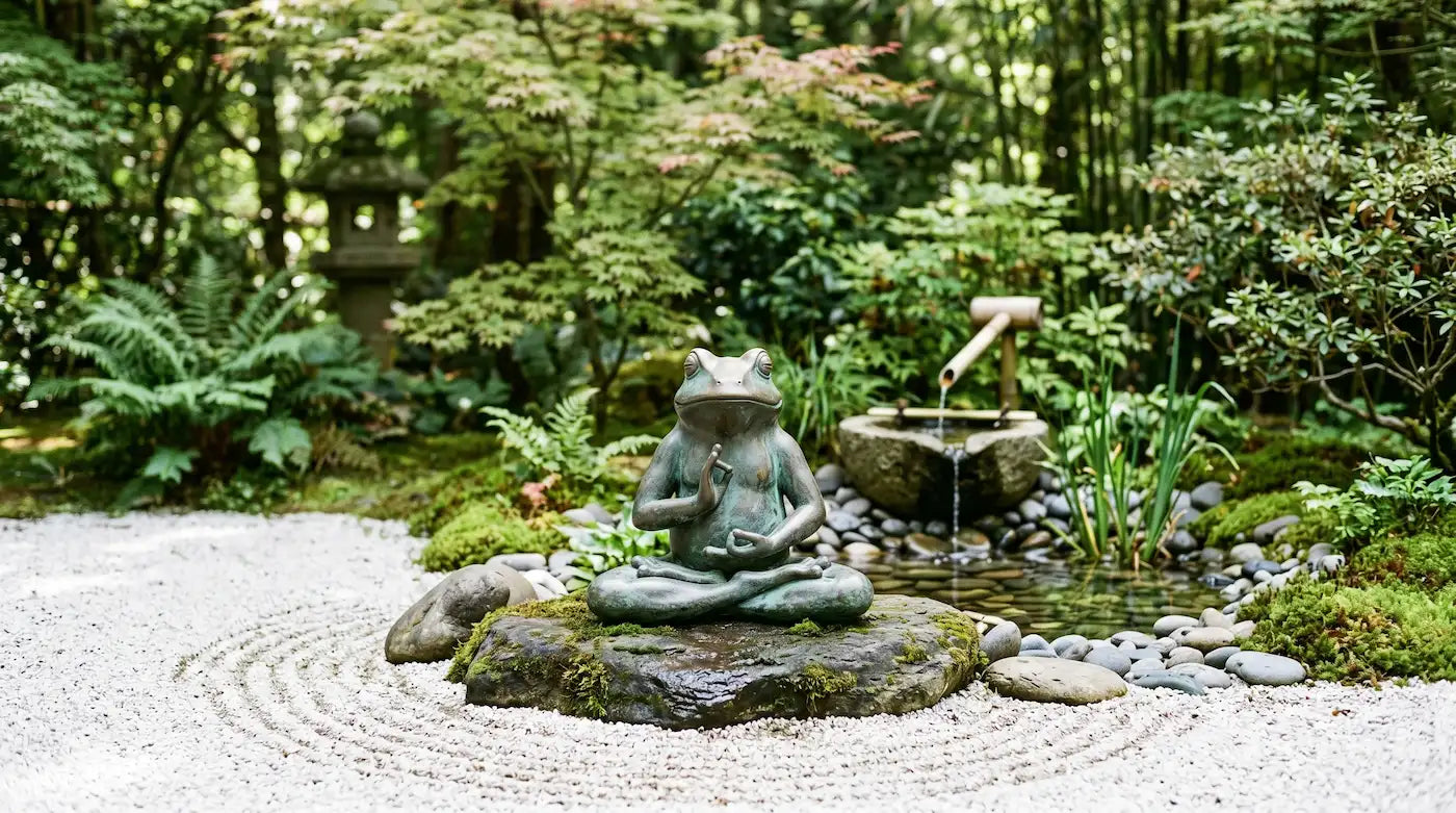 Traditional Zen frog garden statue and its cultural symbolism