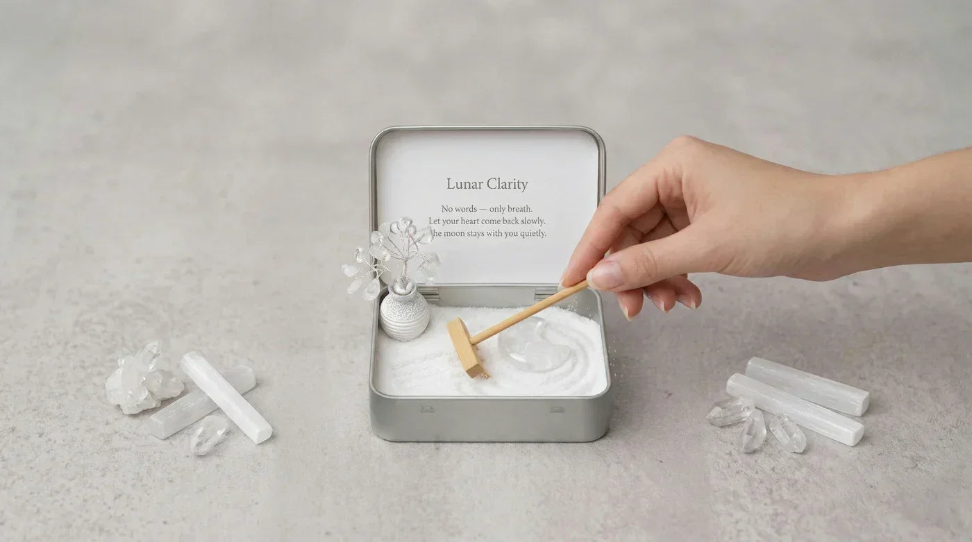 Hand arranging a Desktop Zen Garden with a small rake and decorative elements for meditation.