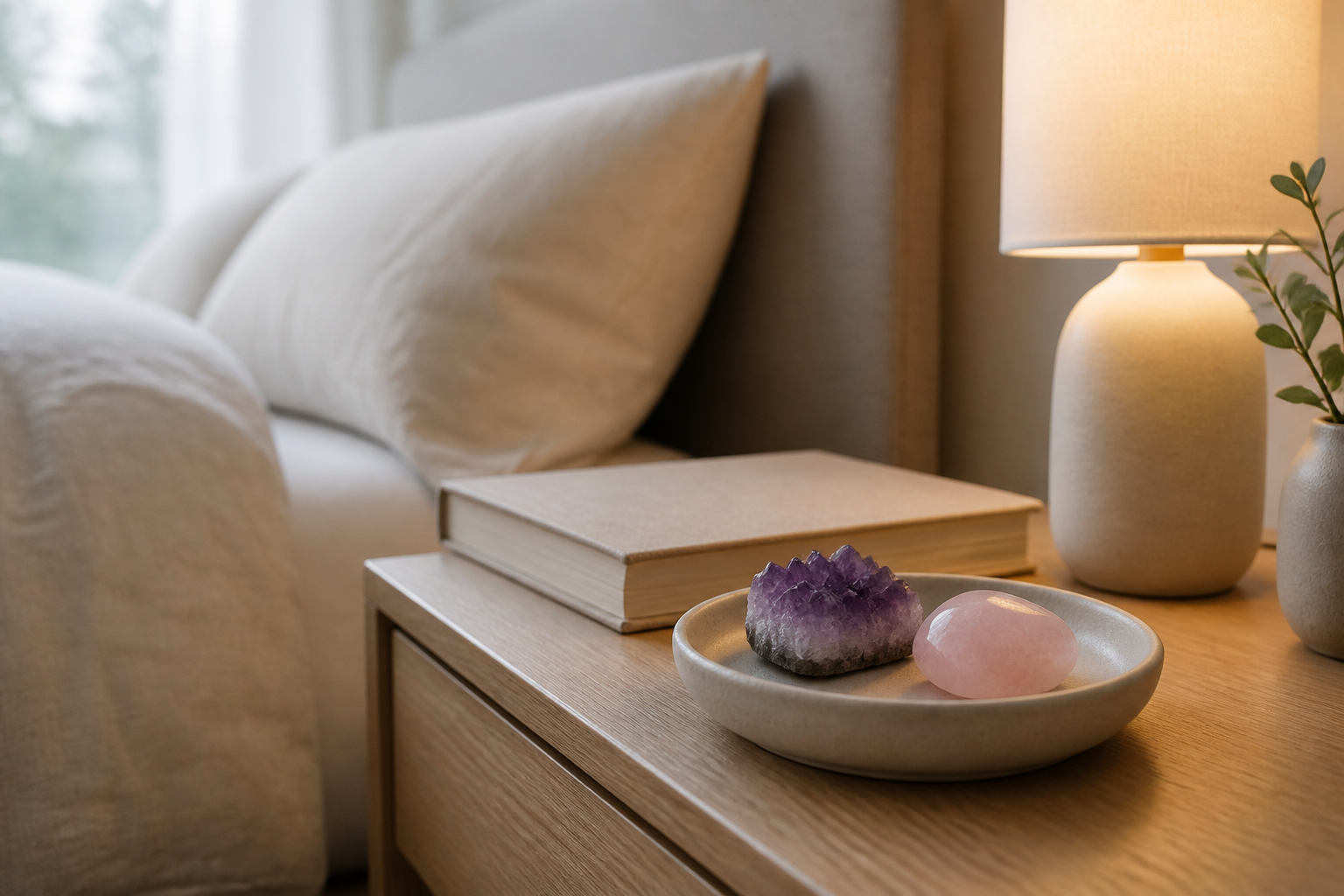 Amethyst and rose quartz contained in a ceramic tray on a light wood bedroom nightstand beside a book and warm lamp