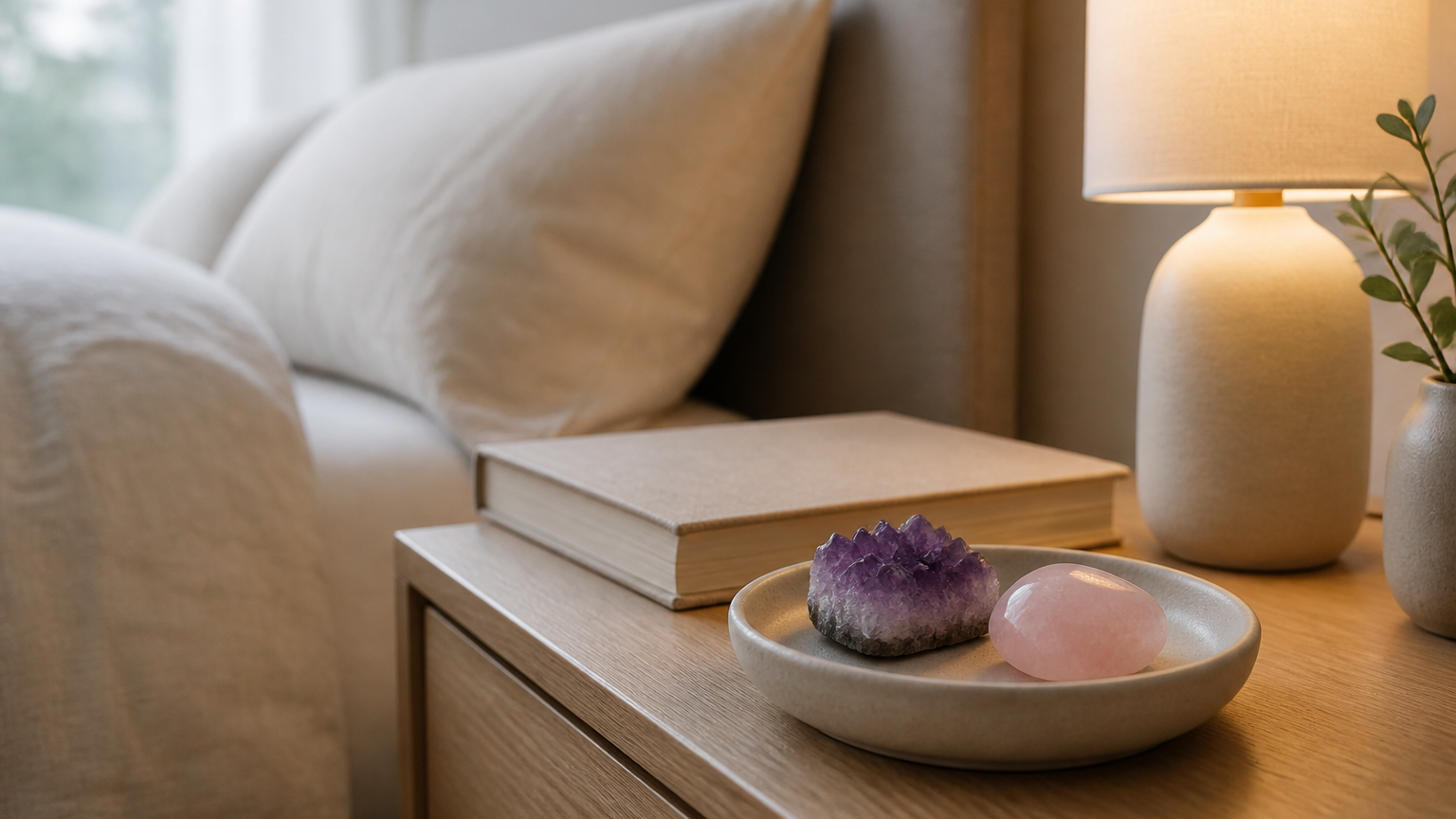 Amethyst and rose quartz contained in a ceramic tray on a light wood bedroom nightstand beside a book and warm lamp