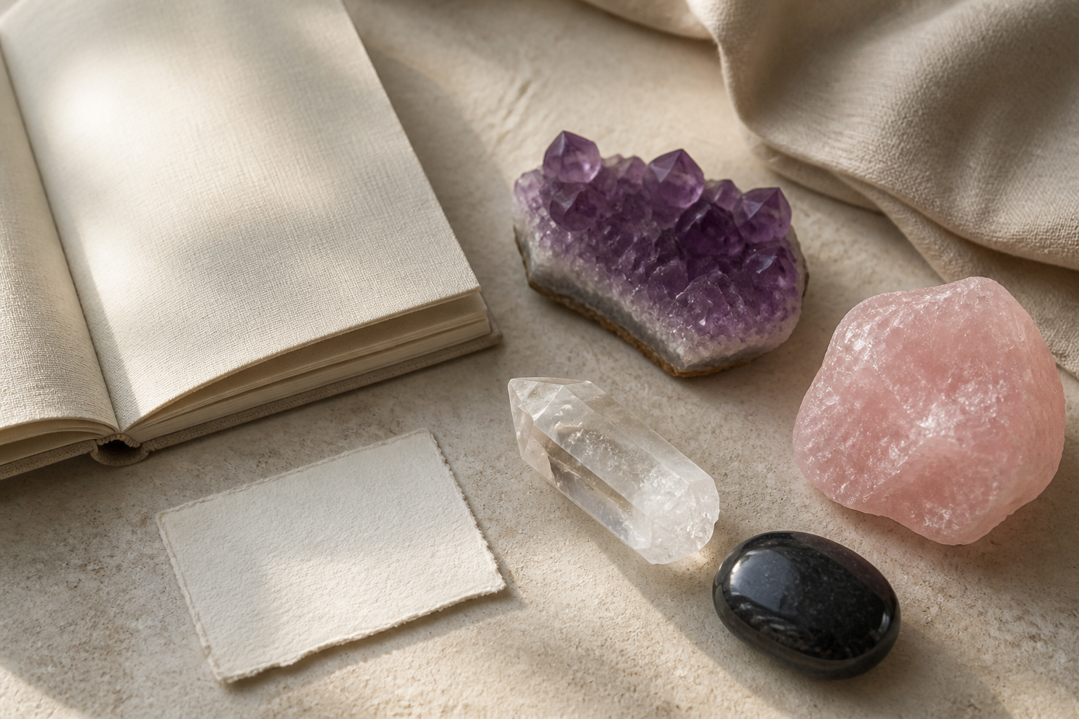 Amethyst, rose quartz, clear quartz, and a dark polished stone beside a notebook and blank intention card