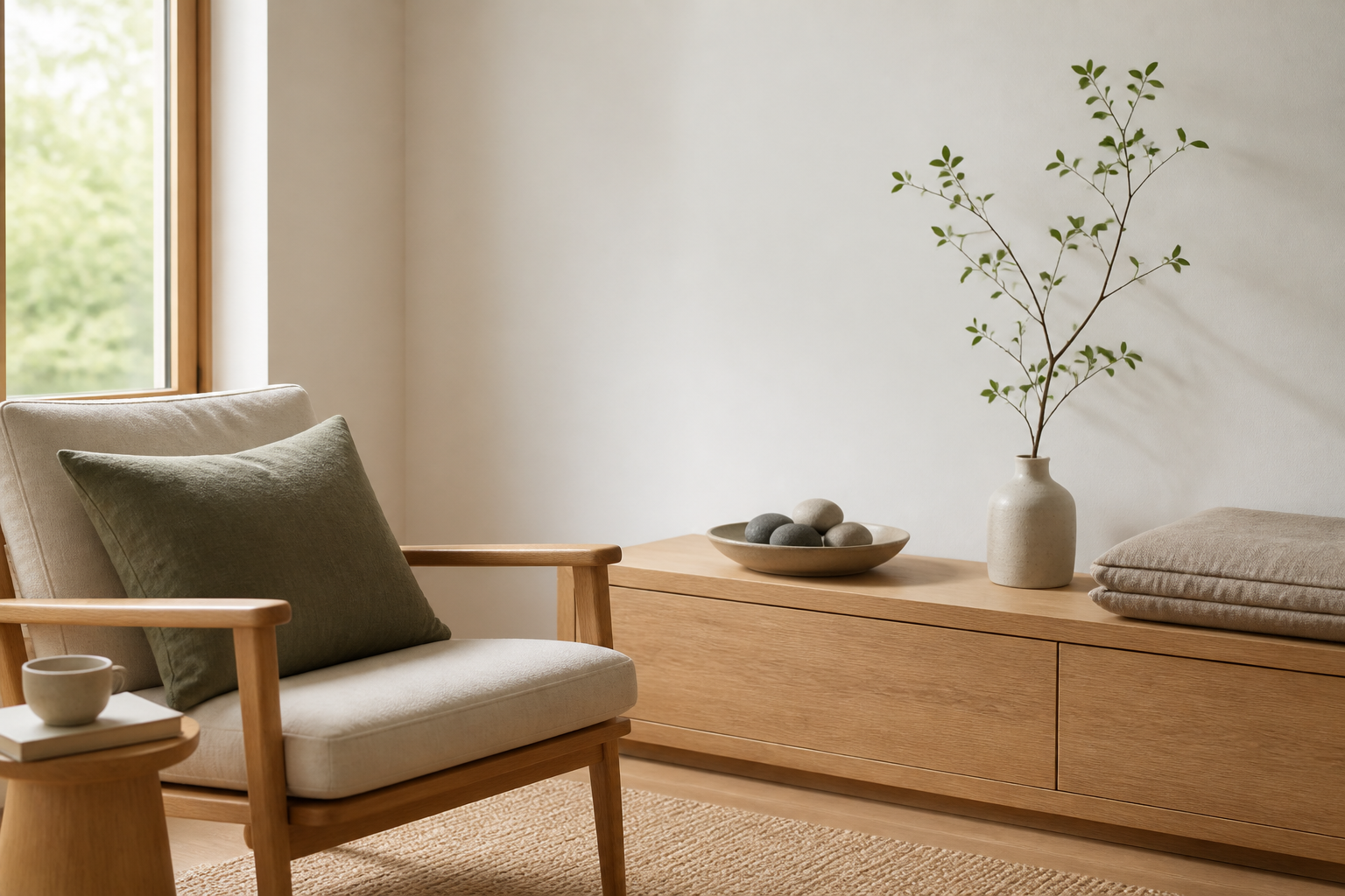 Uncluttered Zen-inspired reading corner with pale oak furniture, linen cushions, a ceramic vase, and river stones in soft window light.