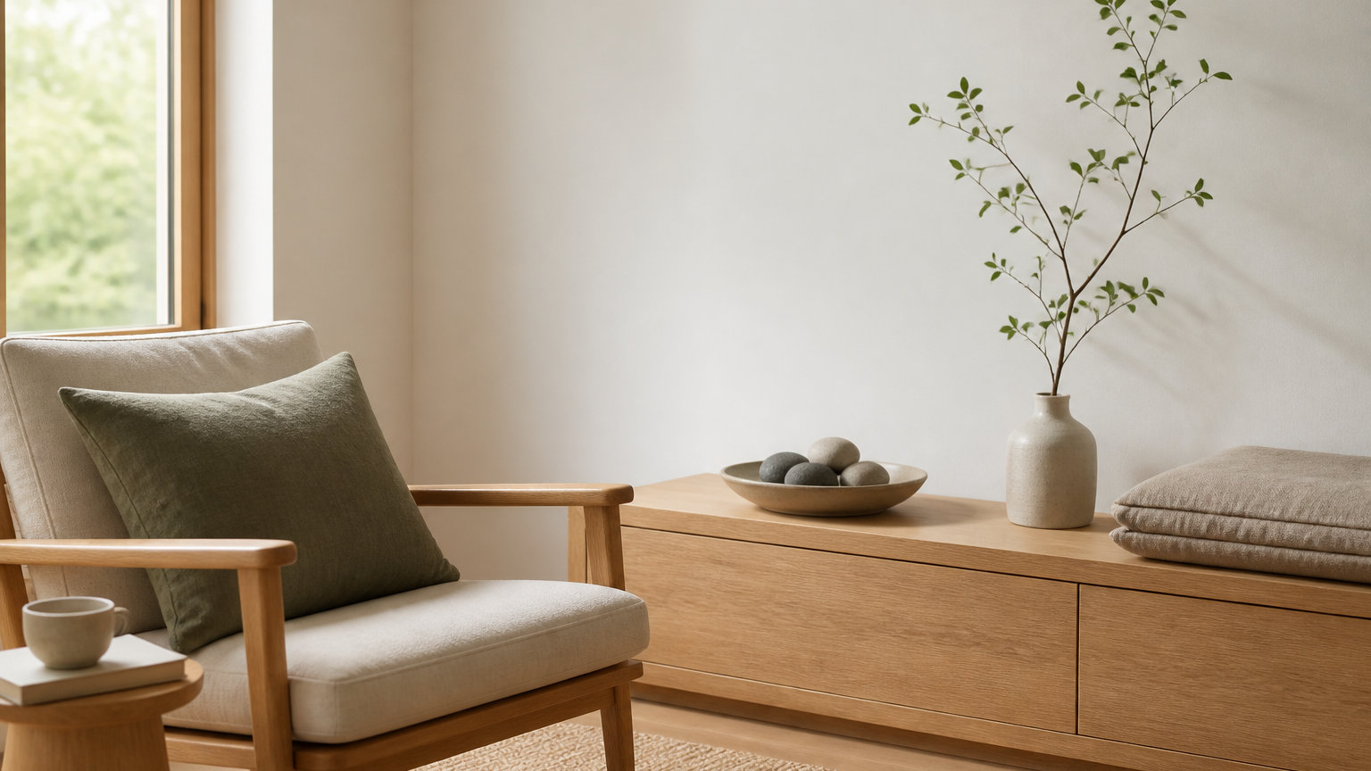 Uncluttered Zen-inspired reading corner with pale oak furniture, linen cushions, a ceramic vase, and river stones in soft window light.
