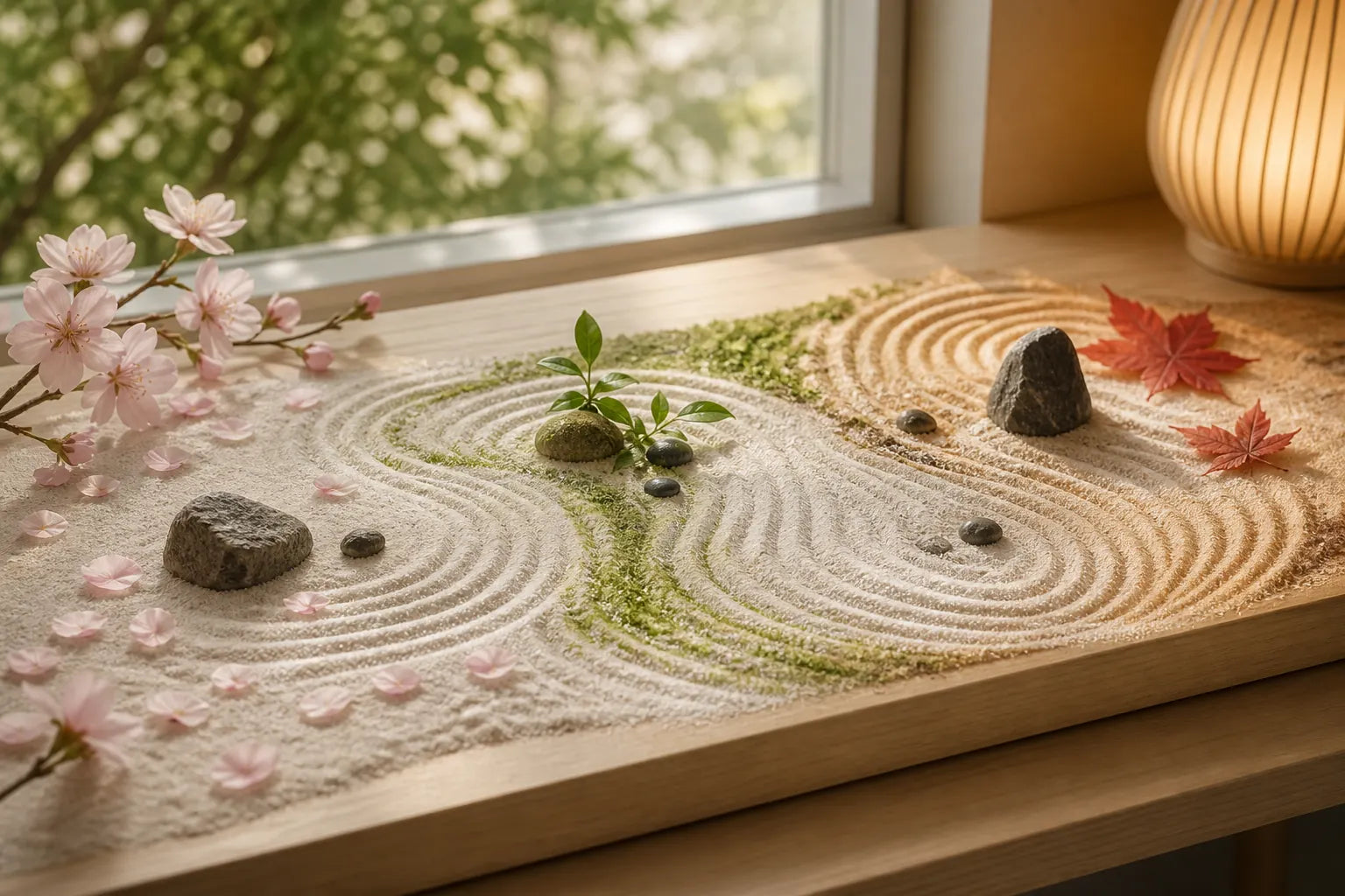 Seasonal Zen garden with raked sand, spring blossoms, green leaves, and warm autumn foliage
