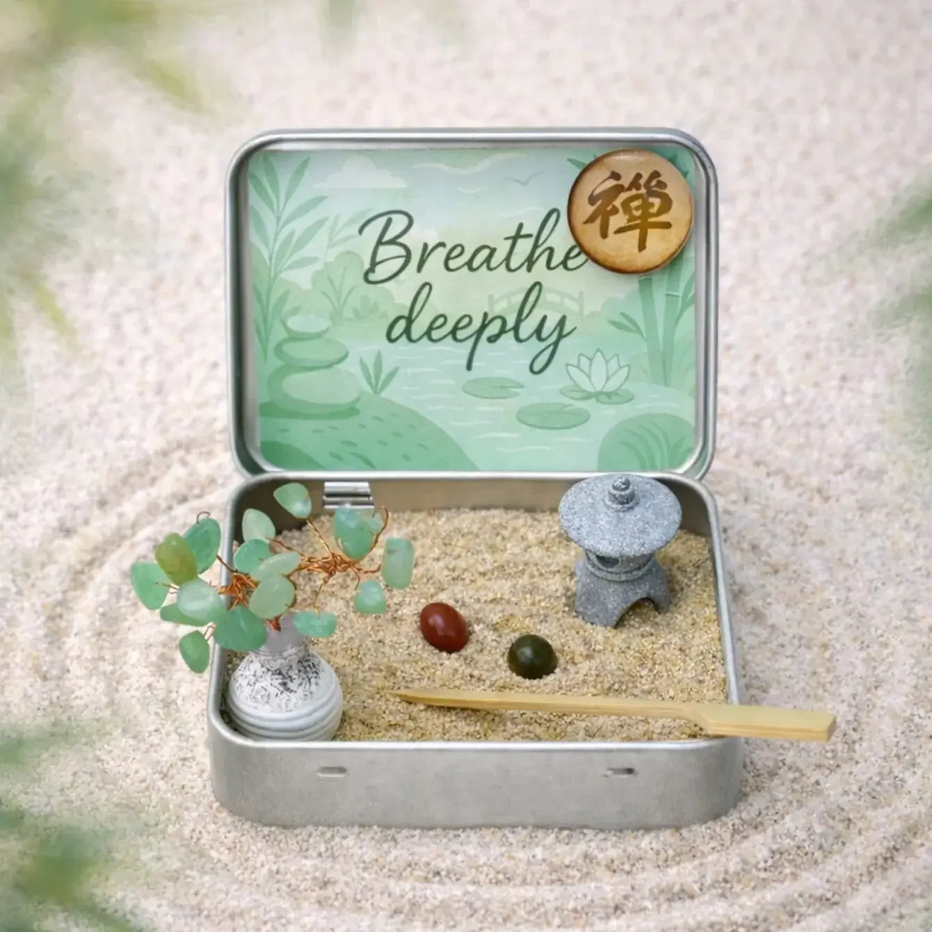 Japanese Crystal Zen Garden featuring a miniature stone lantern, smooth pebbles, and serene sand for relaxation.