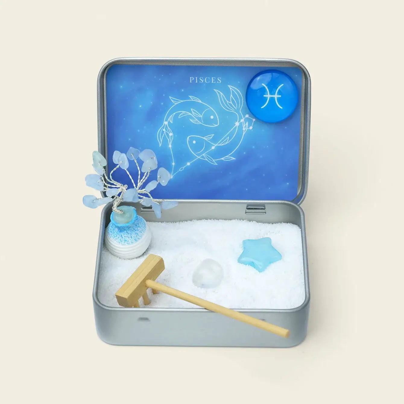 Pisces Crystal Zen Garden with Aquamarine Tree and blue aventurine star in white sand