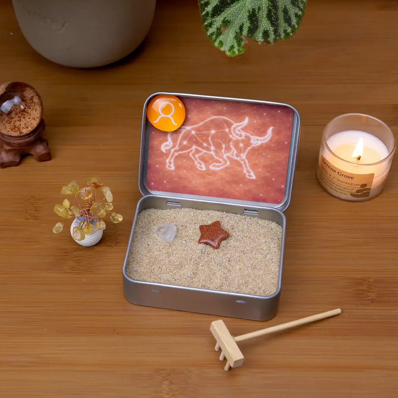 Taurus Crystal Zen Garden arranged as a pocket-size desk ritual for comfort, security, and grounded calm.